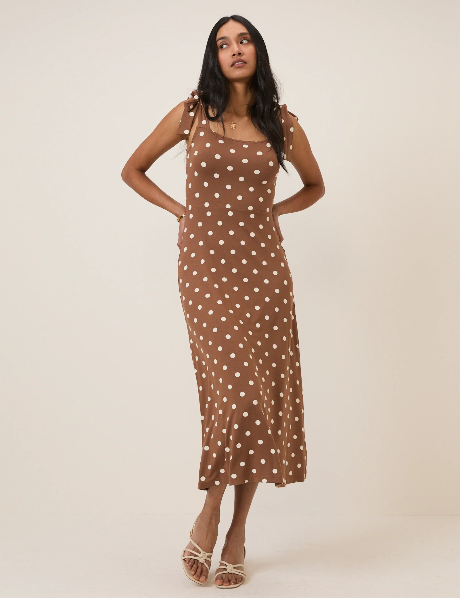 Brown Polka Dot Adrian Jersey Midi Dress