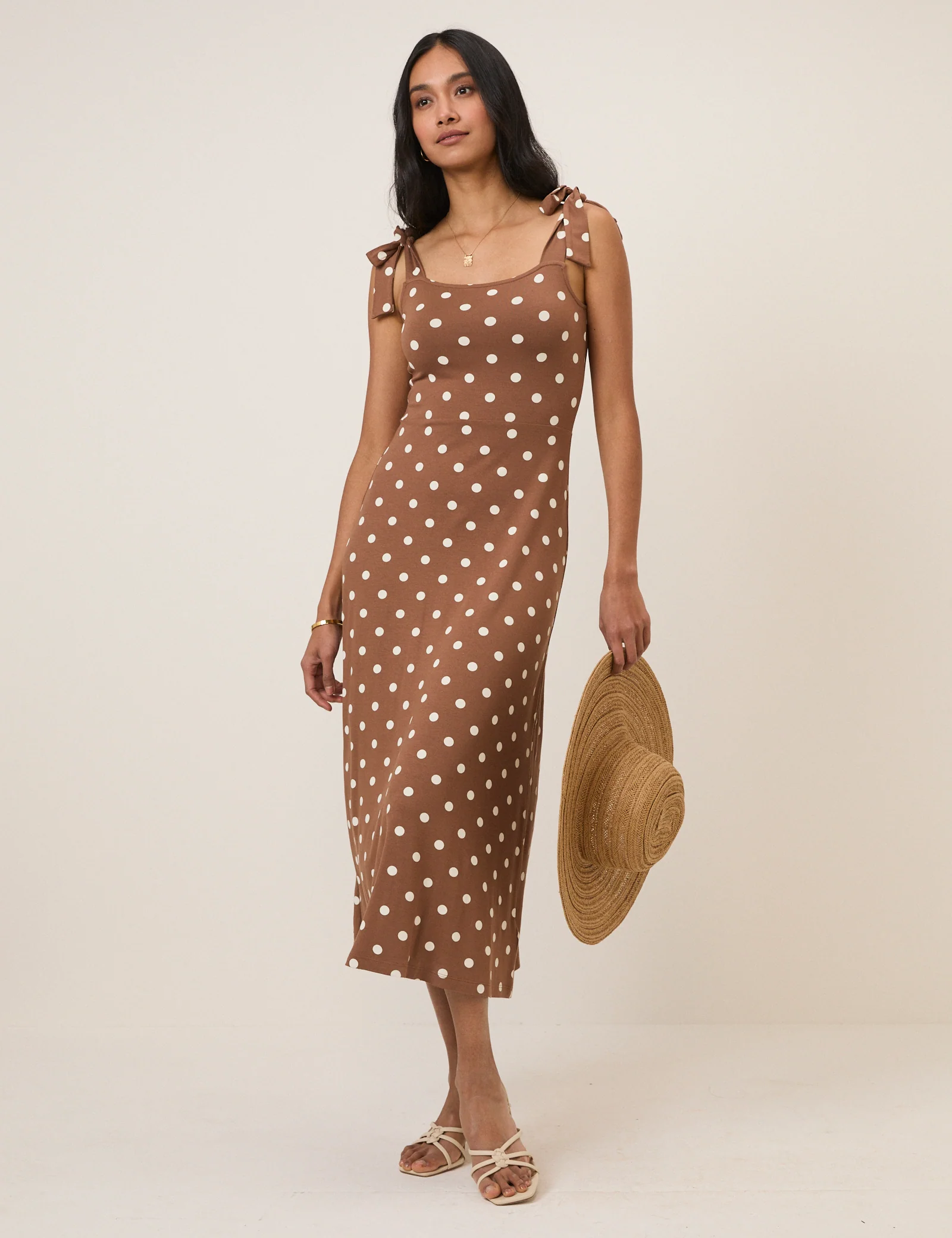 Brown Polka Dot Adrian Jersey Midi Dress - Image 4