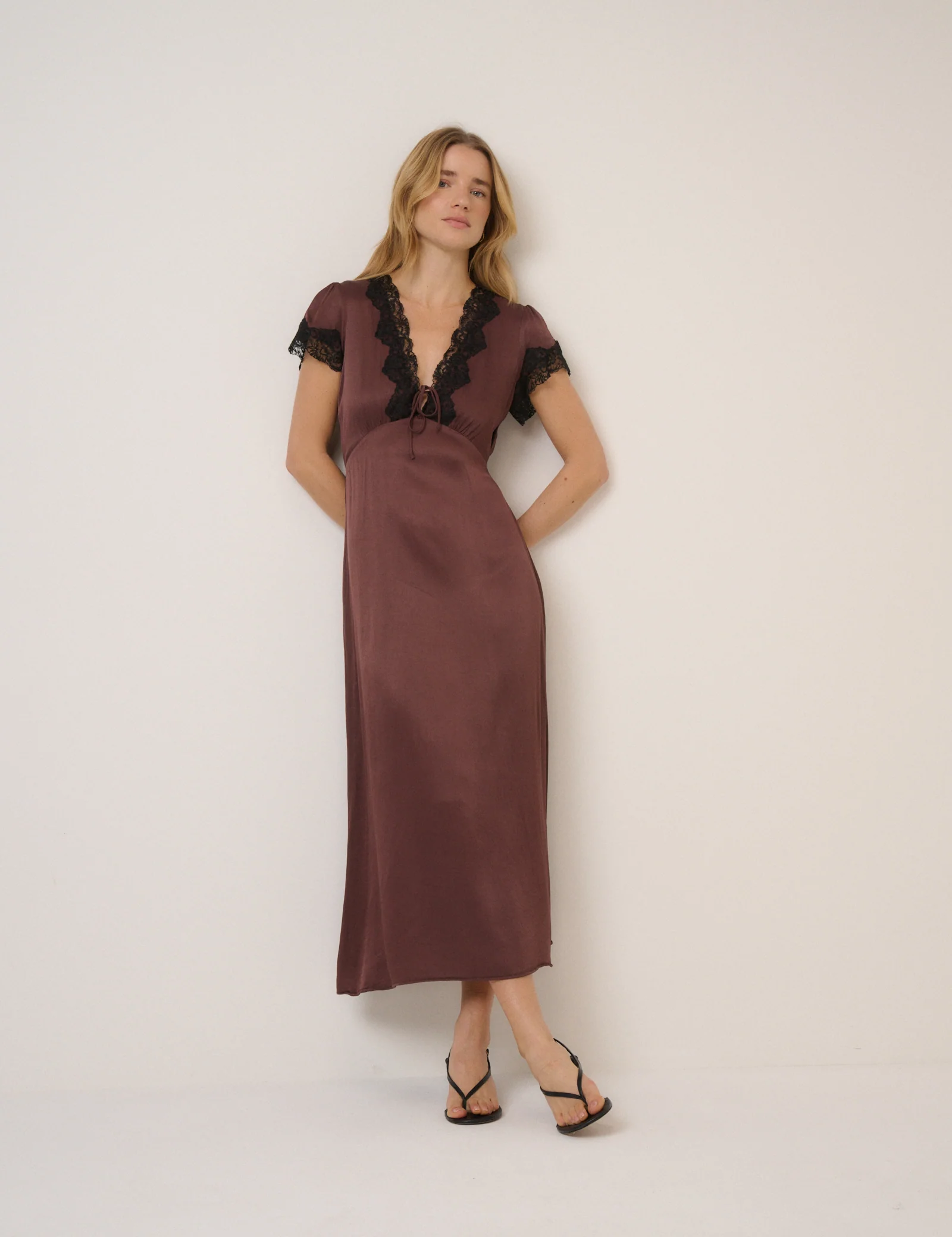 Brown Lace Trim Aida Midi Dress