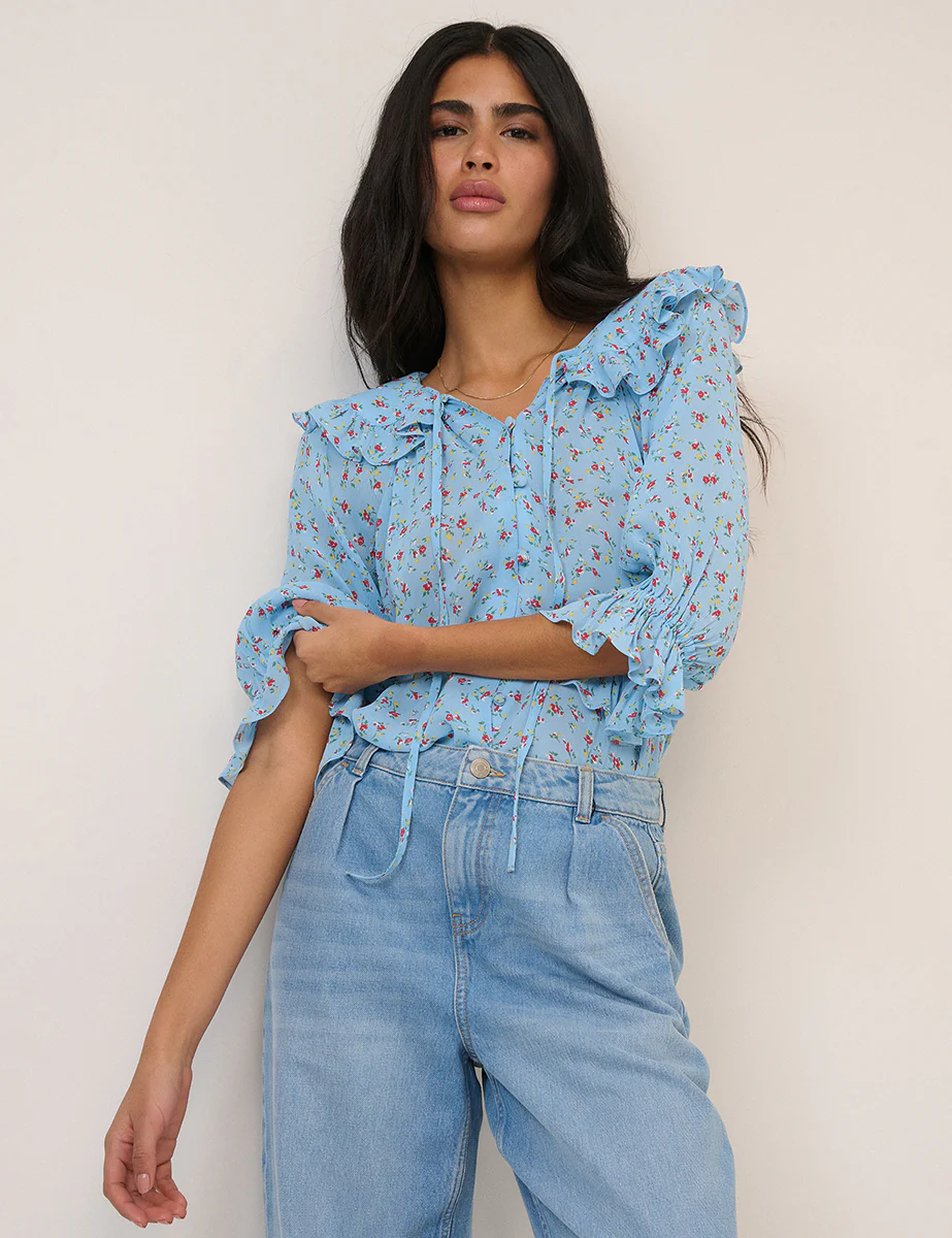 Blue Floral Frill Blouse - Image 3