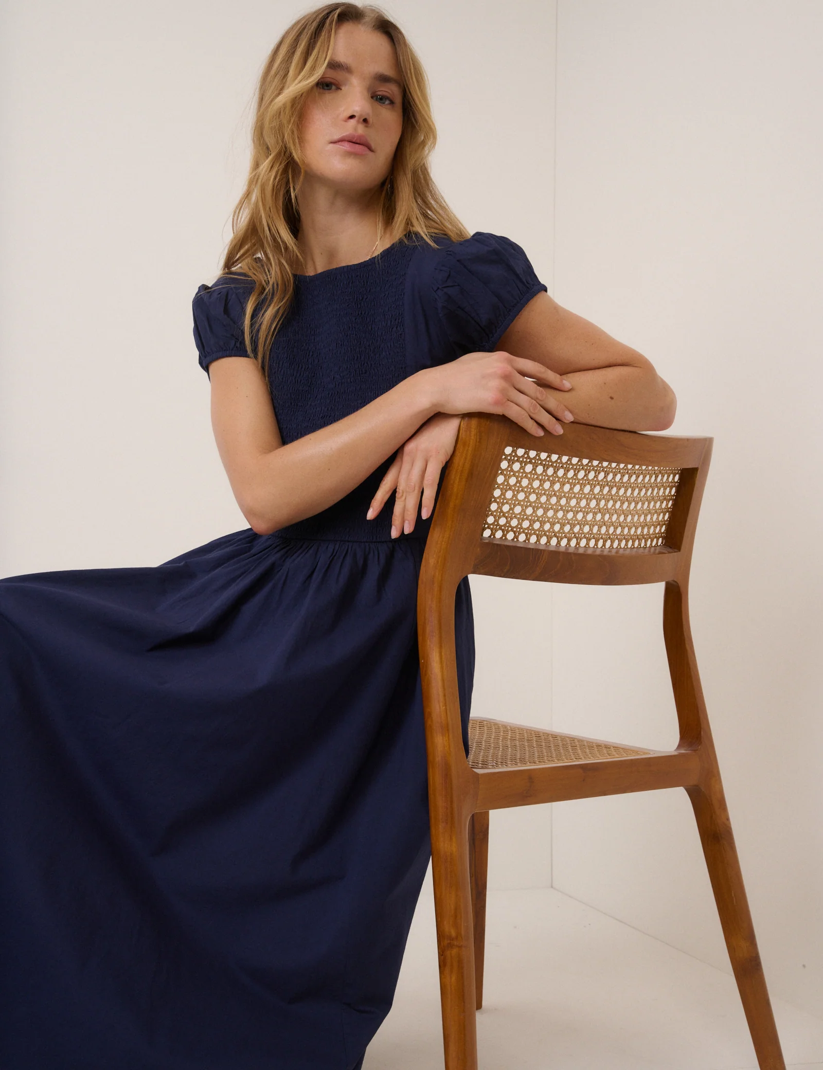 Navy Puff Sleeve Allison Midi Dress - Image 3