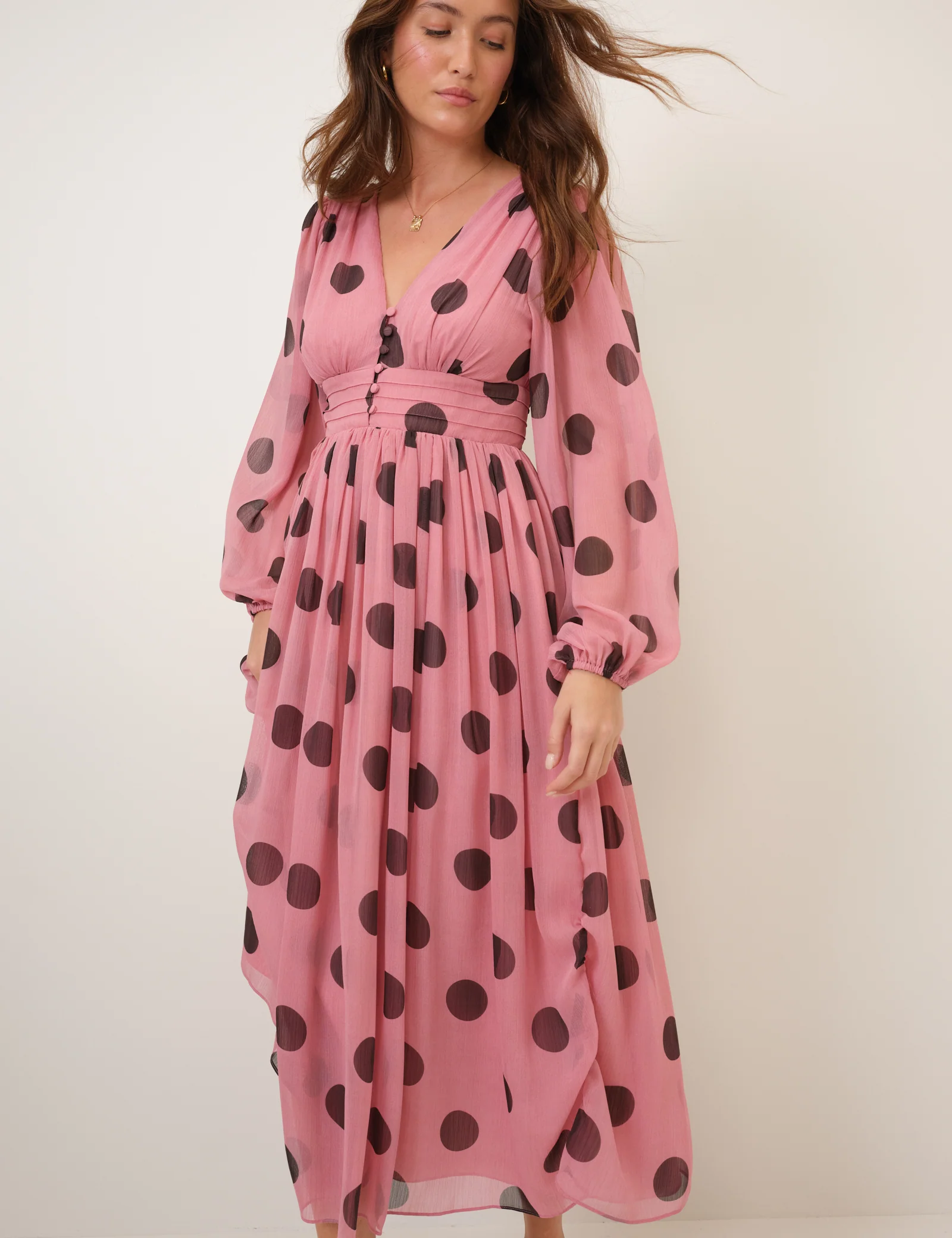Pink Polka Dot Balloon Sleeve Anya Midi Dress - Image 3