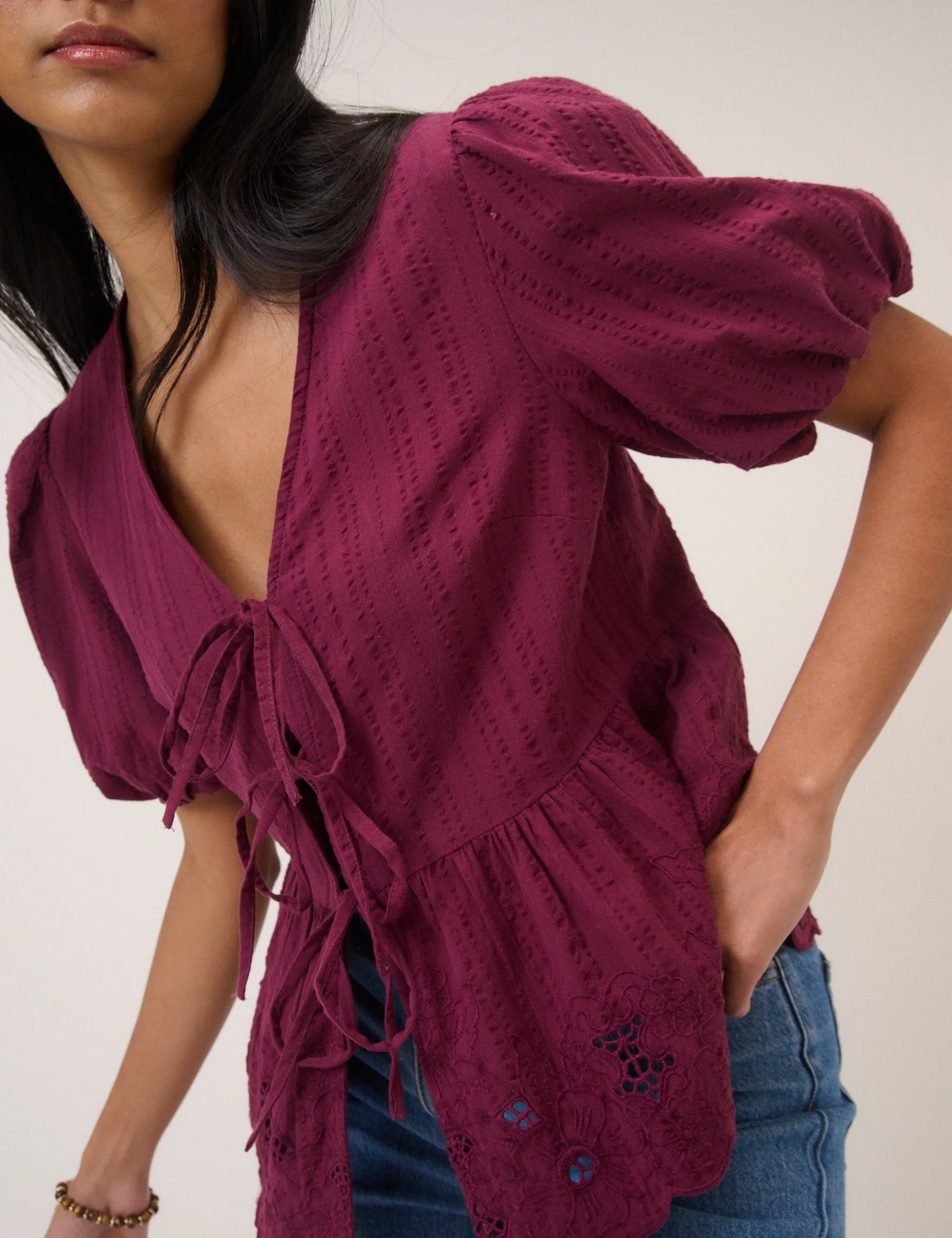 Burgundy Floral Broderie Anglaise Blouse - Image 2
