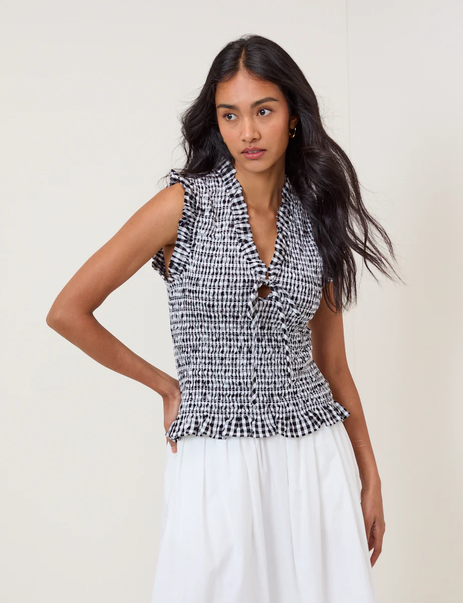 Black Gingham Shirred Top
