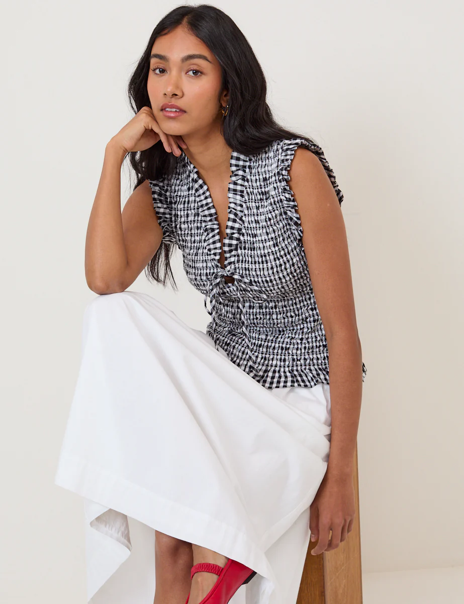 Black Gingham Shirred Top - Image 4