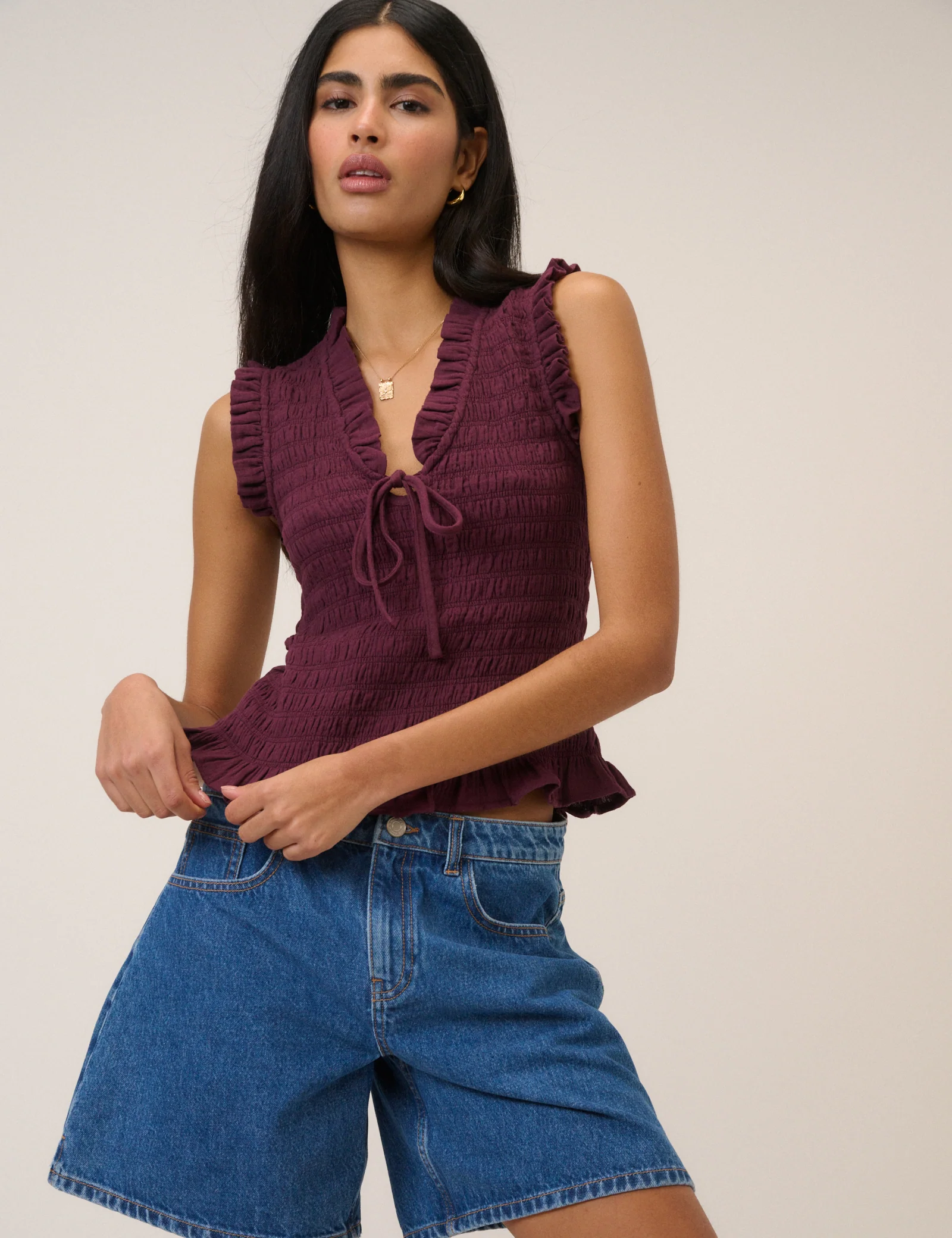 Purple Shirred V Neck Top - Image 2