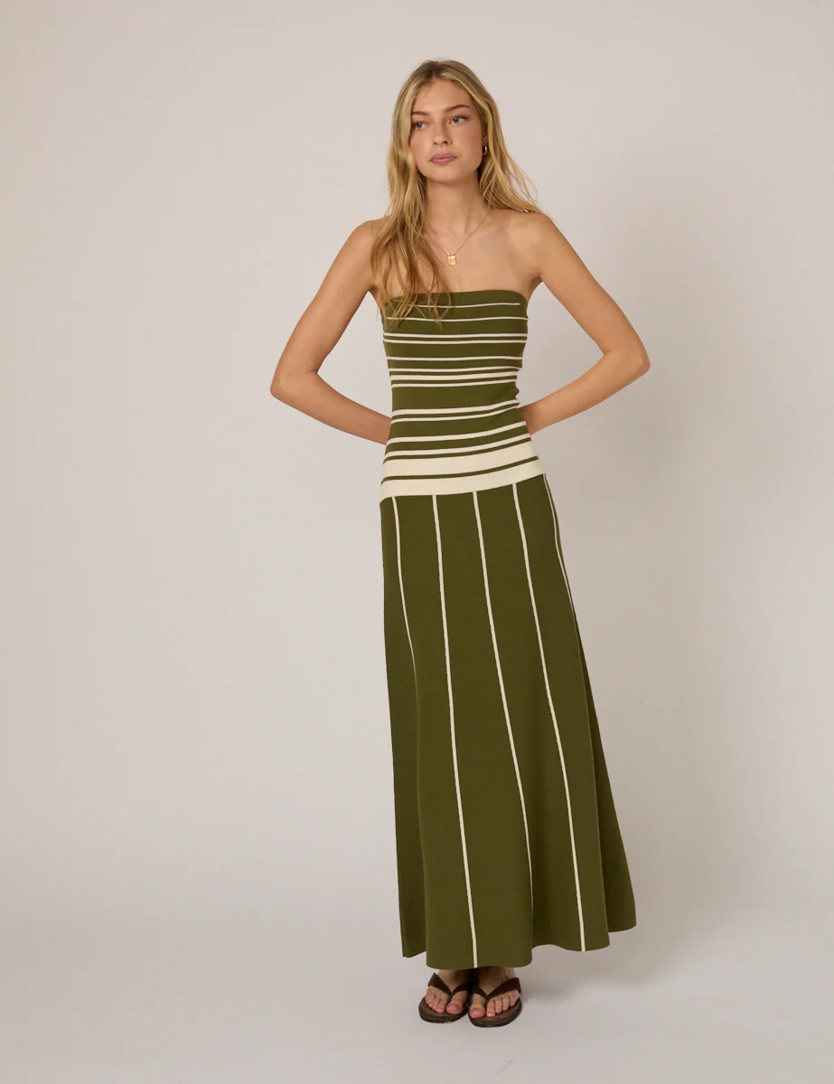 Green Striped Bandeau Knitted Midi Dress - Image 2