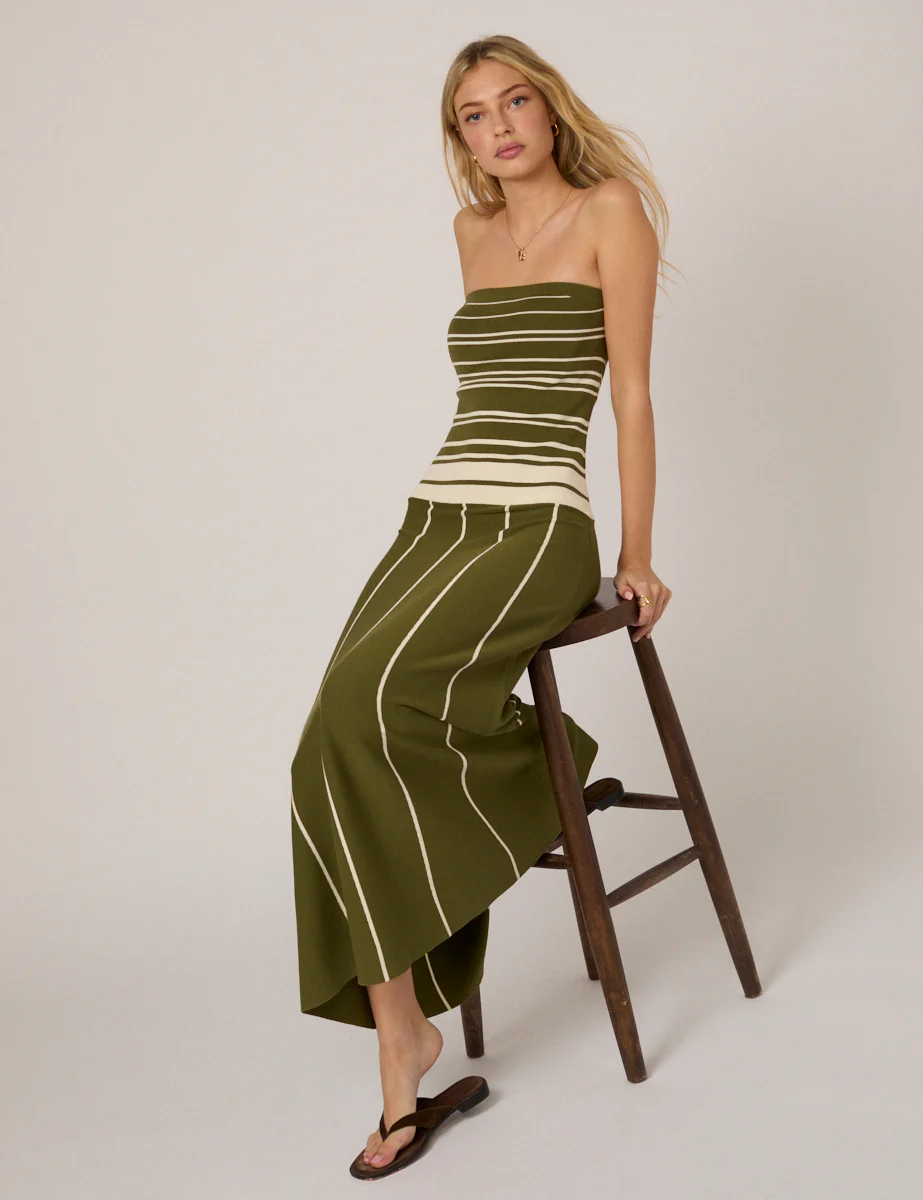 Green Striped Bandeau Knitted Midi Dress - Image 4