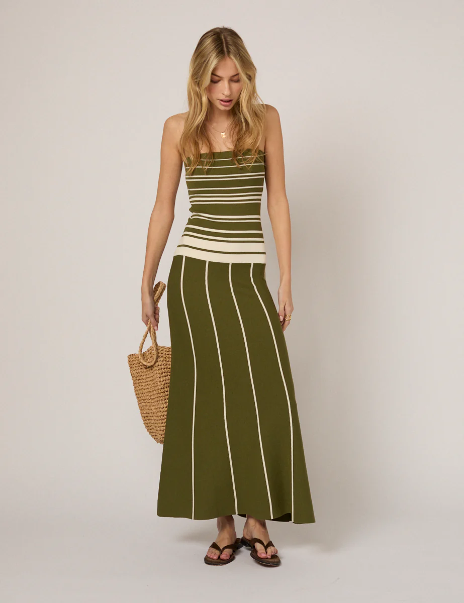 Green Striped Bandeau Knitted Midi Dress - Image 5