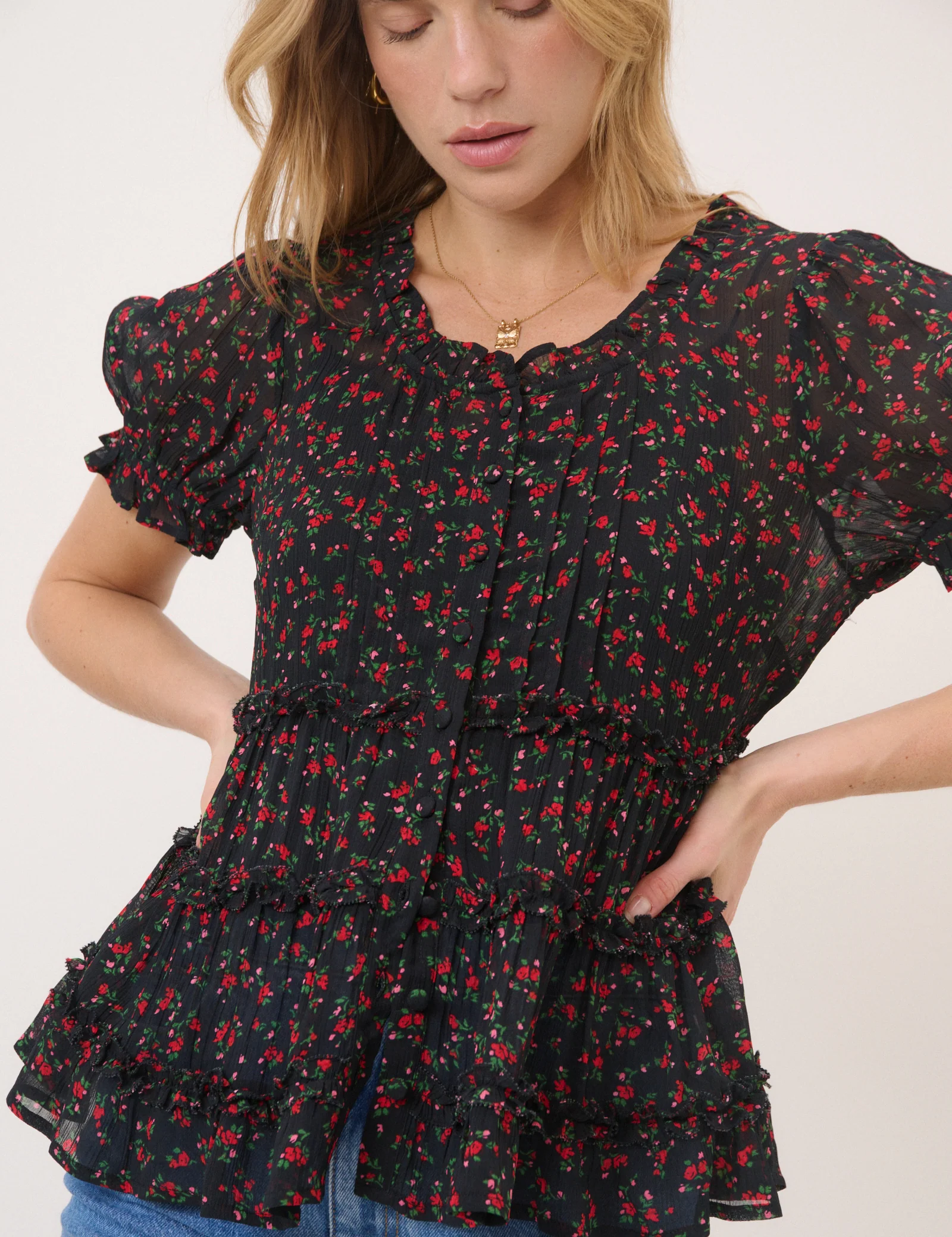 Black Floral Scoop Neck Top - Image 4