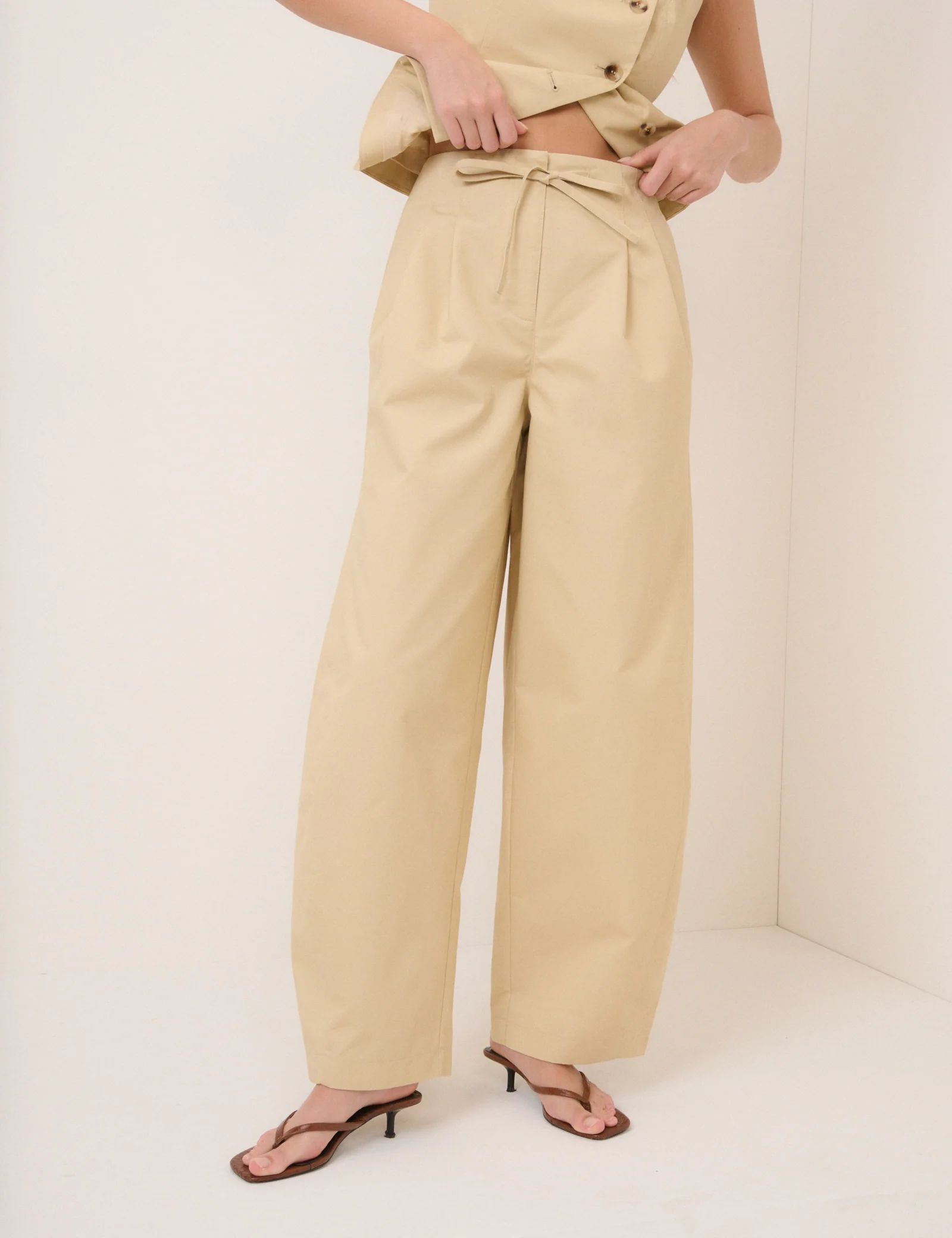 Beige Barrel Leg Tie Trousers - Image 3
