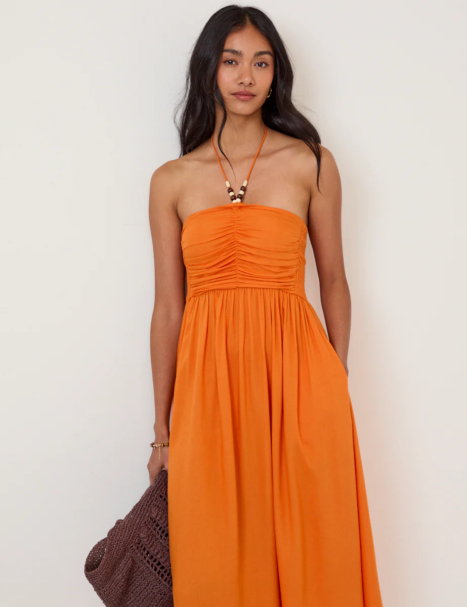 Orange Linen-Blend Halterneck Midi Dress - Image 5