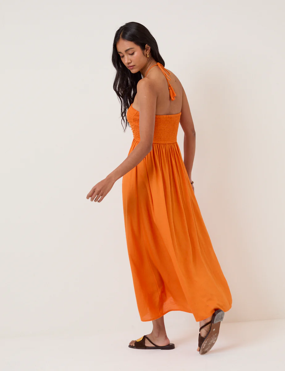 Orange Linen-Blend Halterneck Midi Dress - Image 6