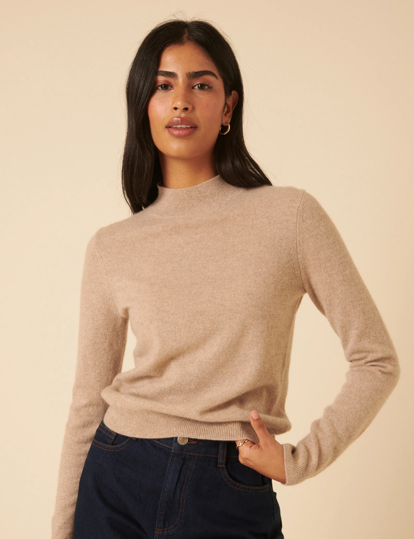 Beige Cashmere Funnel Neck Jumper - Image 2