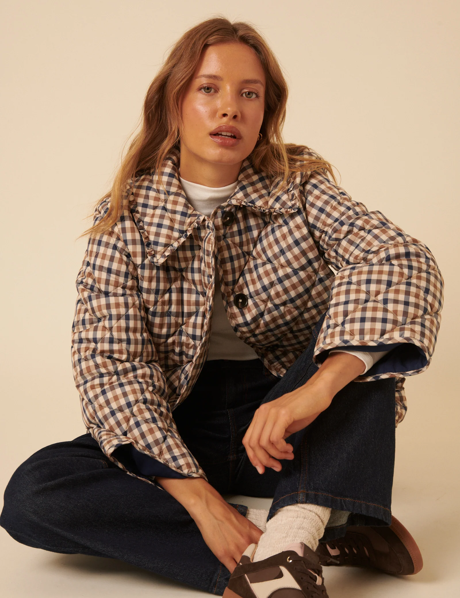 Beige Check Frill Quilted Jacket - Image 4