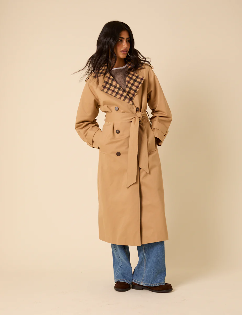 Camel Check Trim Trench Coat - Image 3