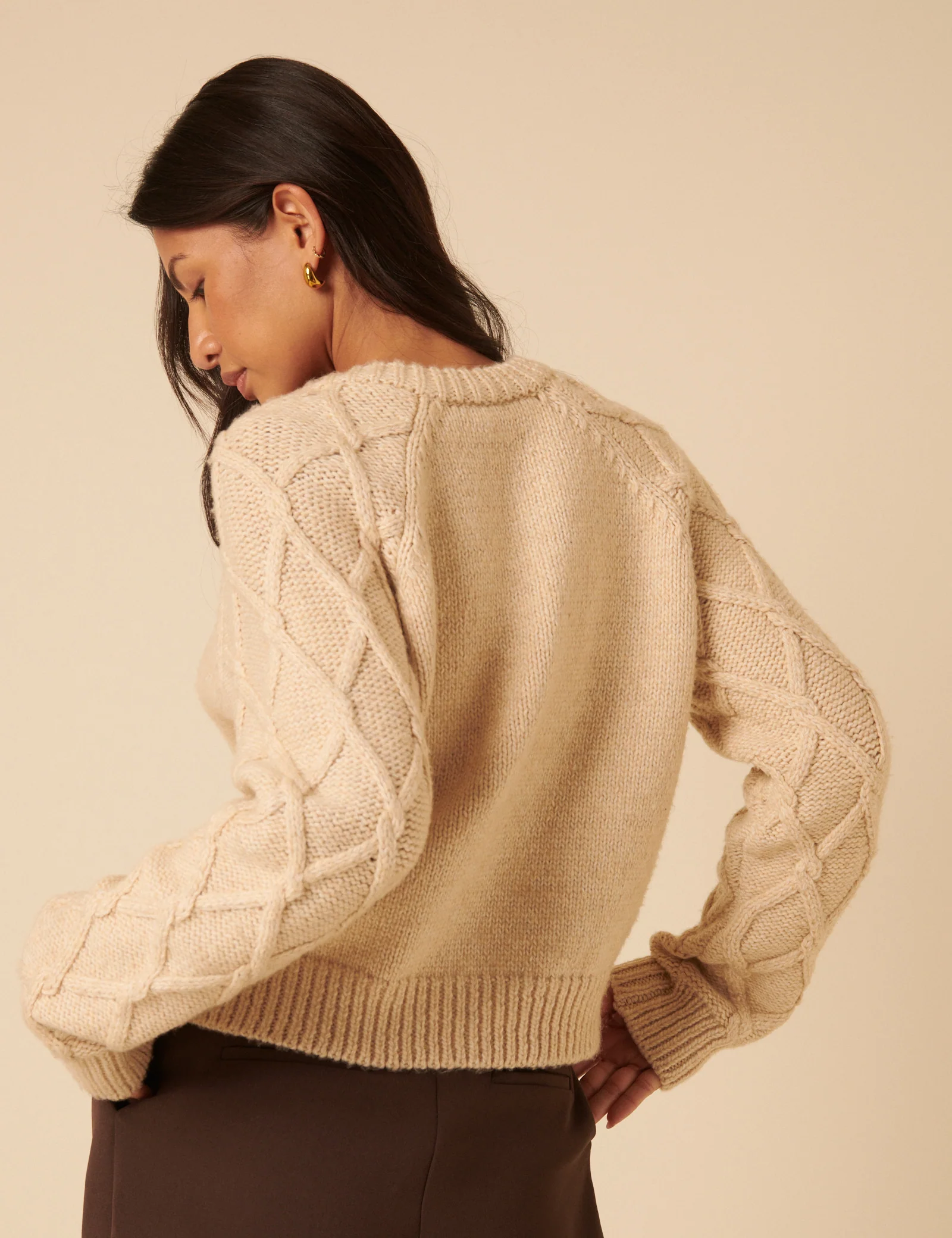 Beige Crew Neck Cable Detail Cardigan - Image 5