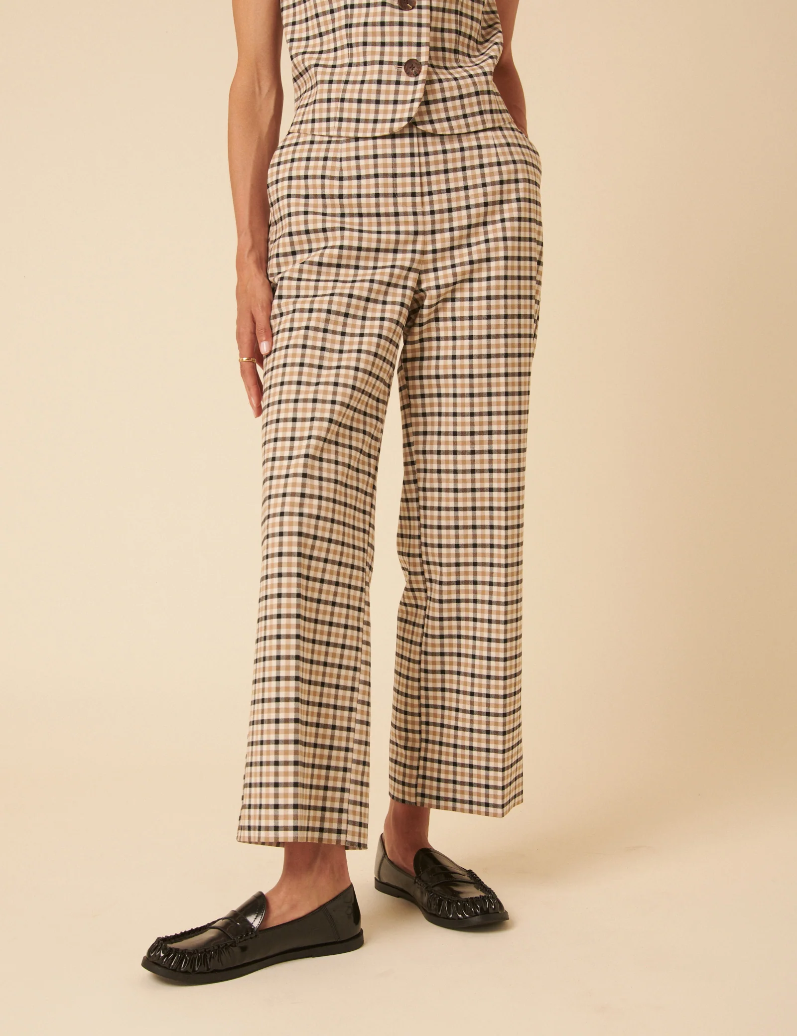 Beige Gingham Check Tailored Cropped Trousers - Image 2