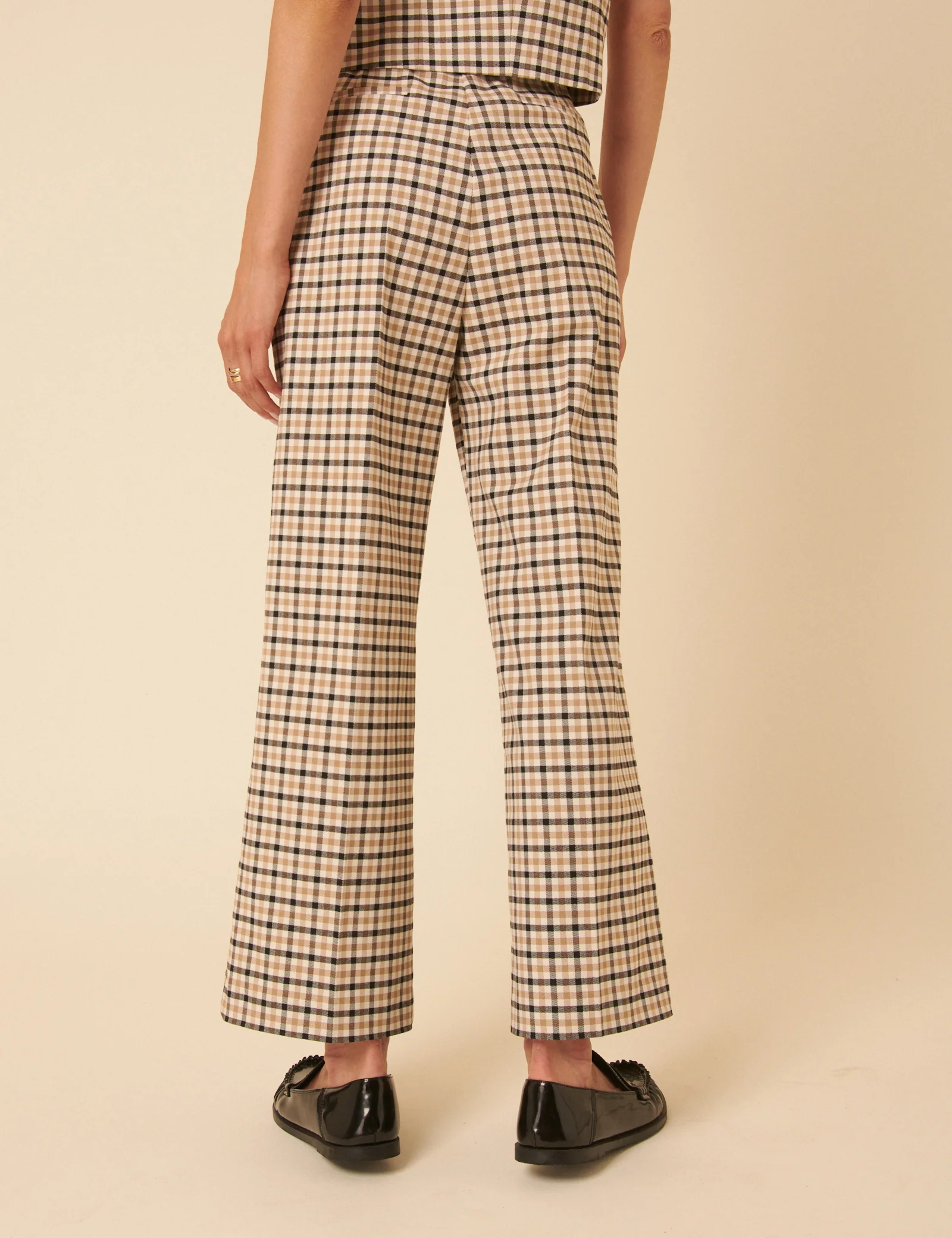 Beige Gingham Check Tailored Cropped Trousers - Image 4