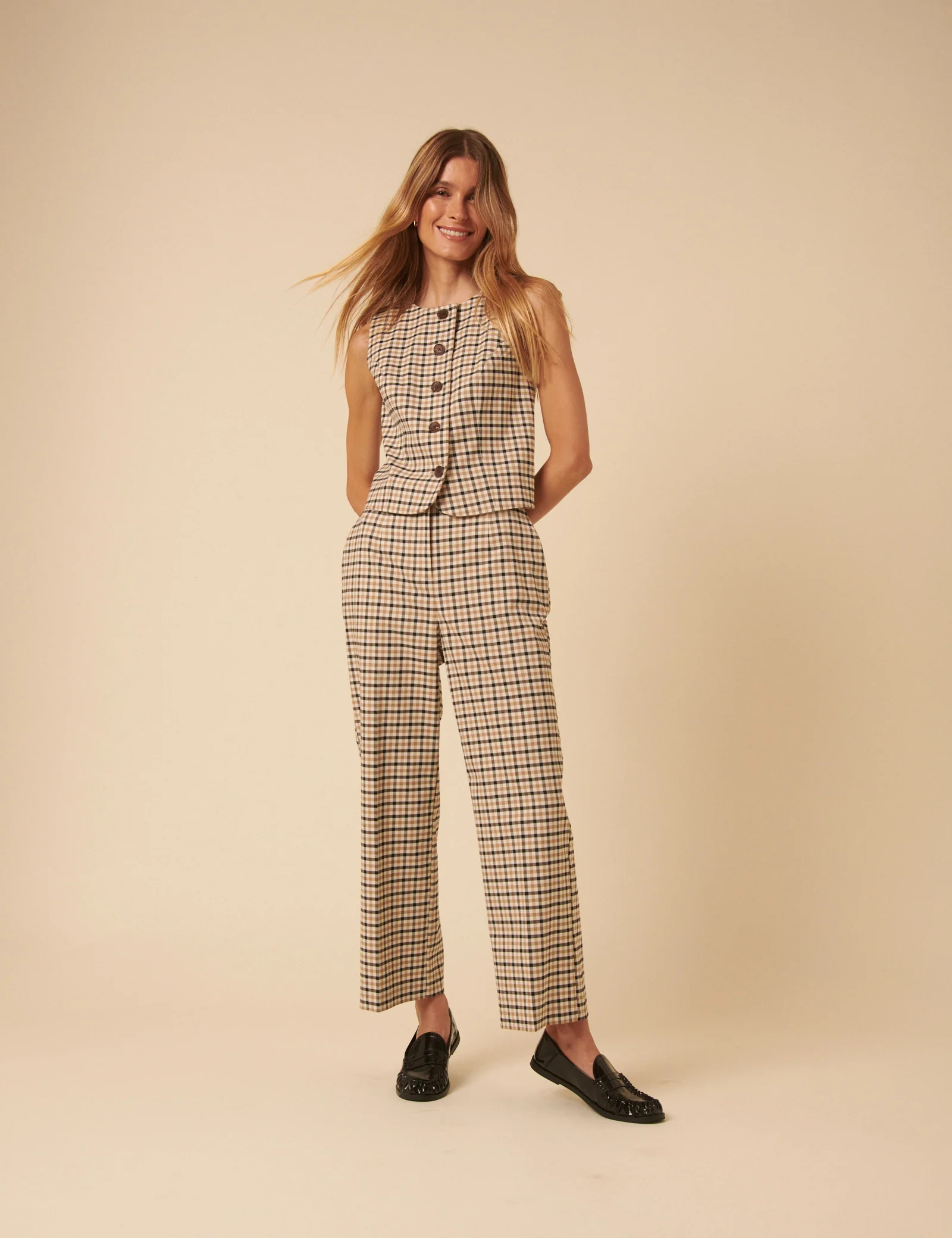 Beige Gingham Check Waistcoat - Image 4