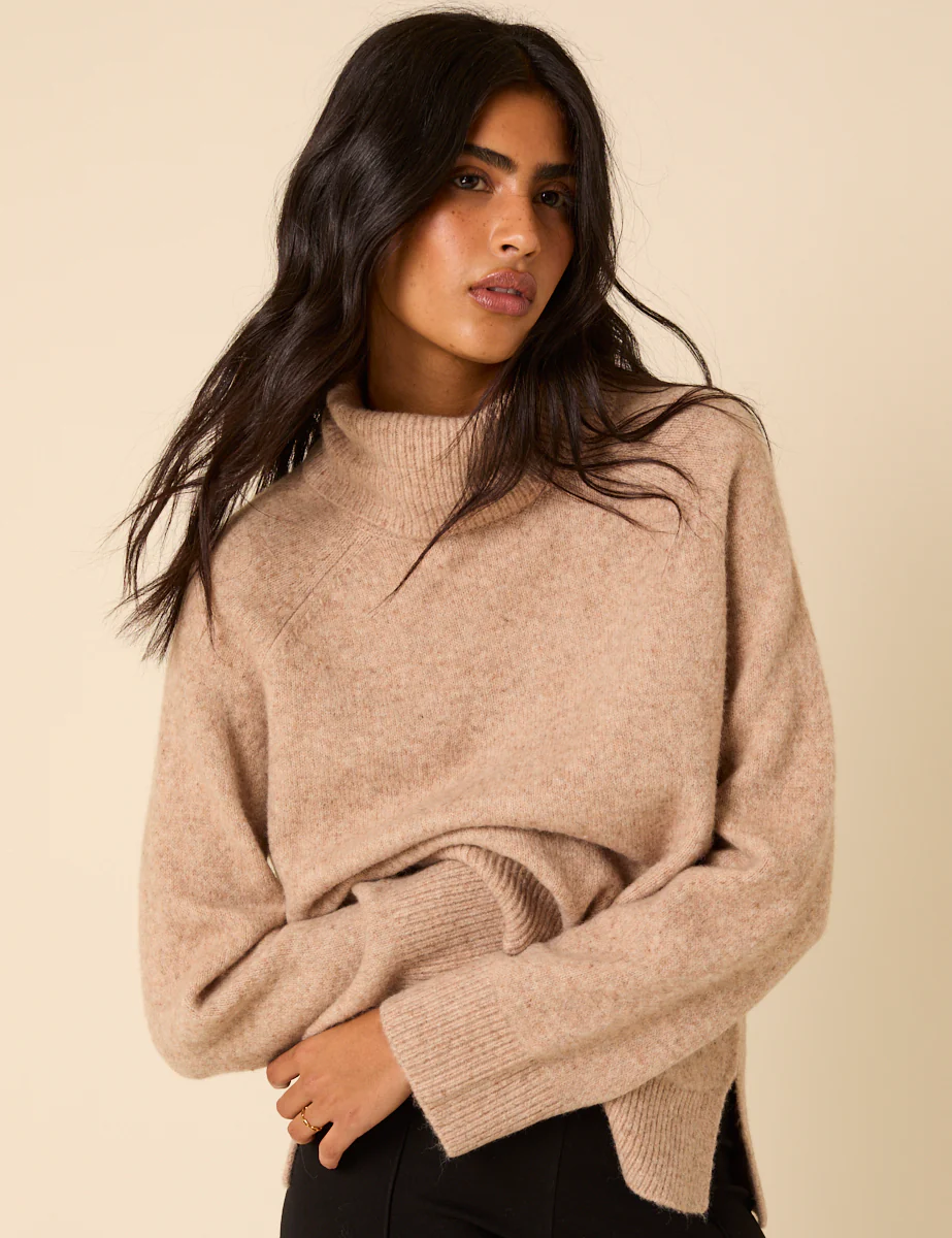 Beige Roll Neck Relaxed Knitted Jumper - Image 3