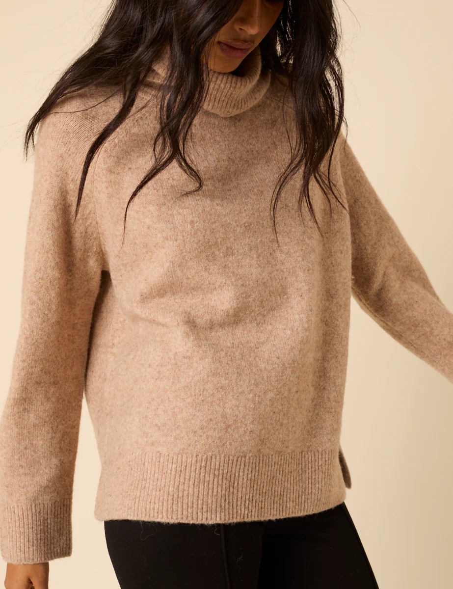 Beige Roll Neck Relaxed Knitted Jumper - Image 5