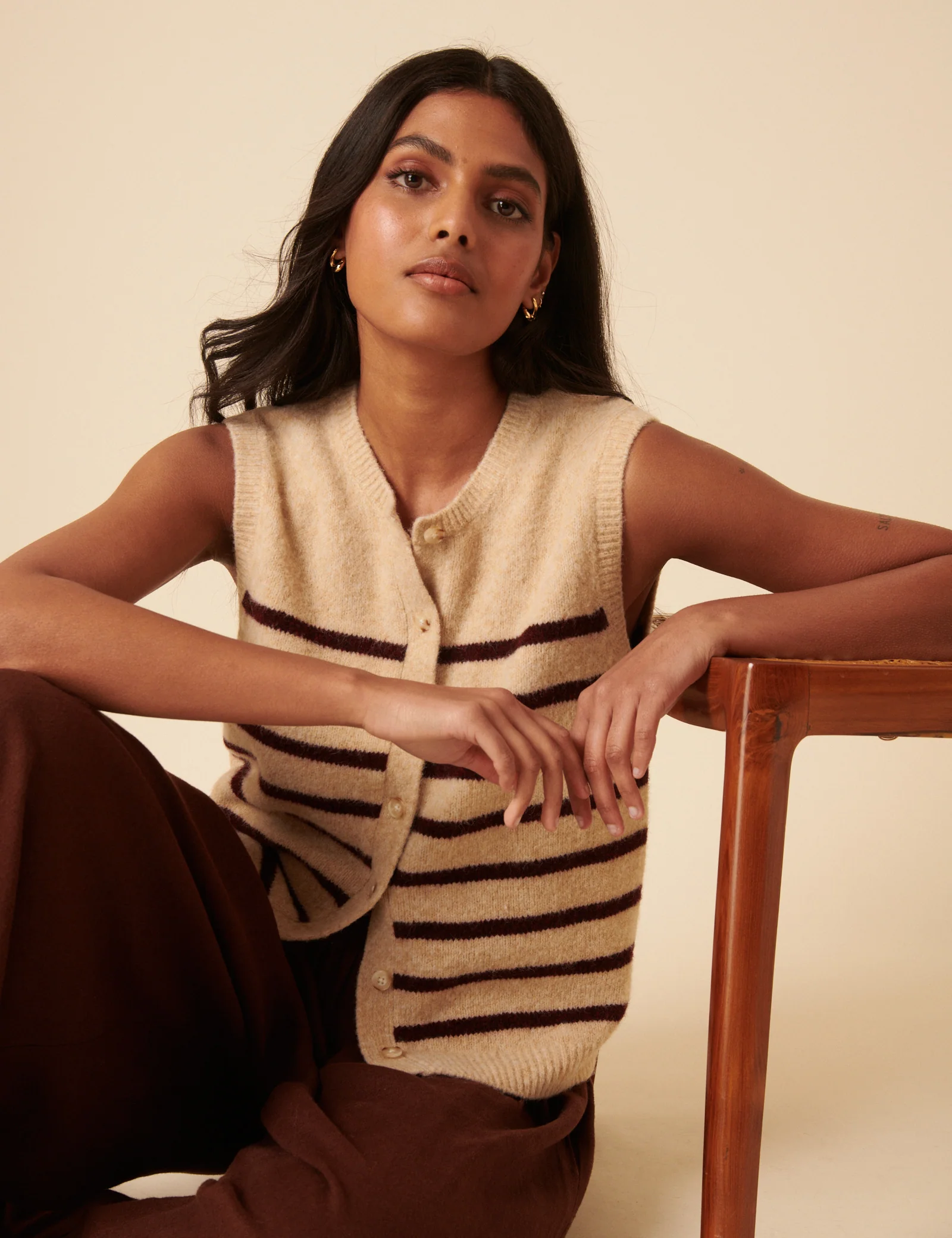 Beige Striped Button Through Knitted Vest - Image 6
