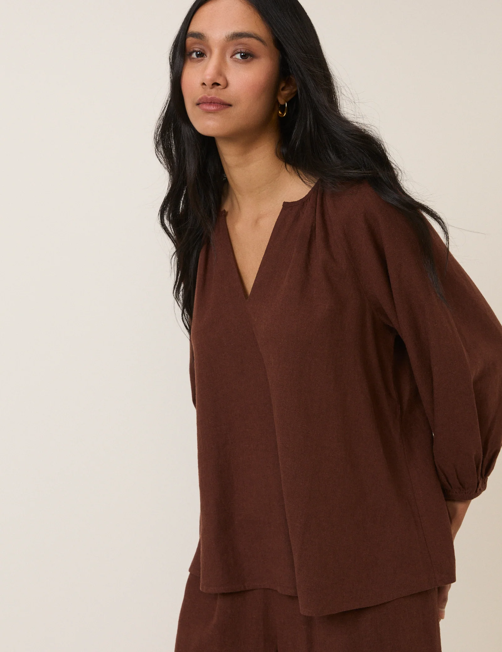 Brown Linen-blend Blouse