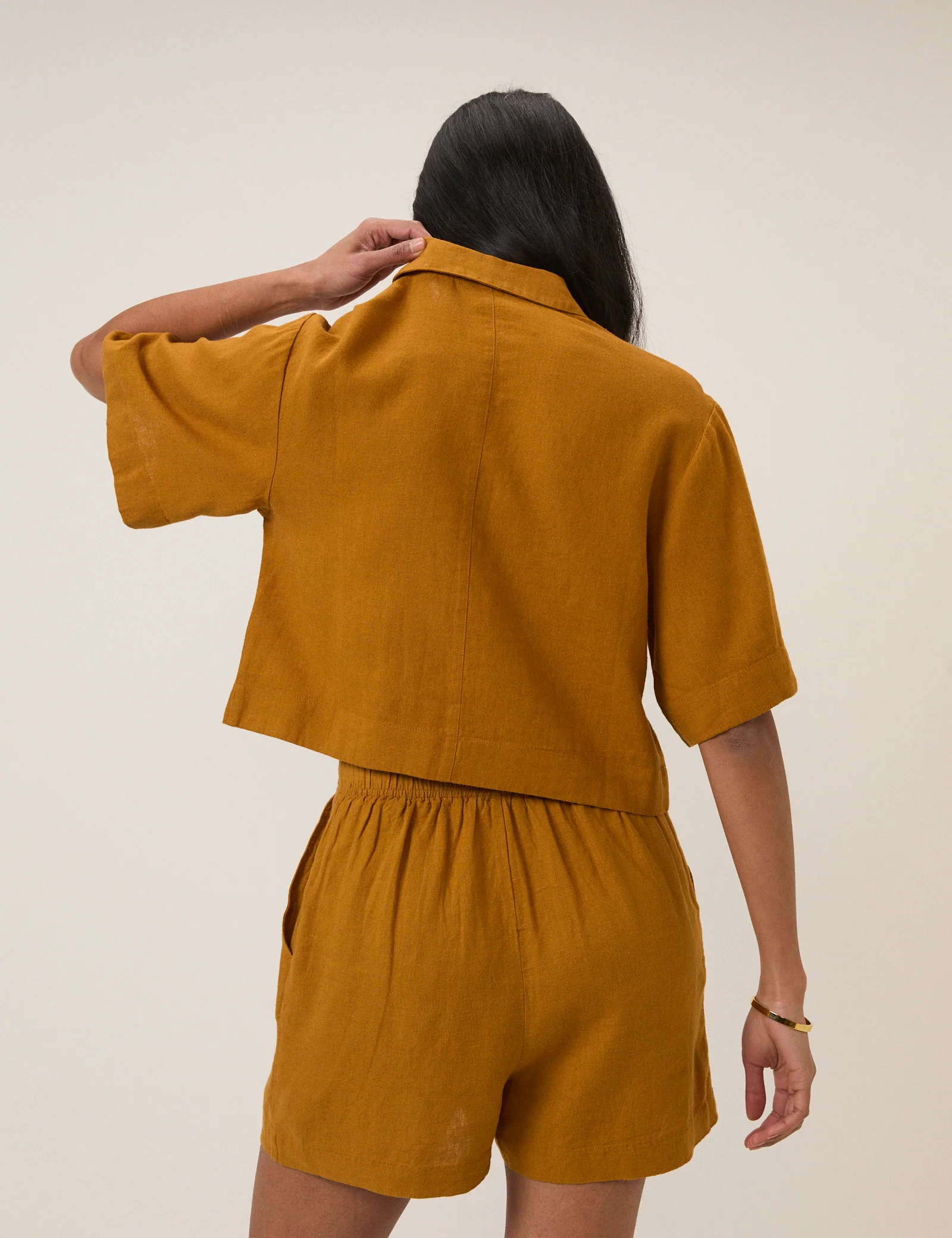 Orange Yellow Linen-Blend Cropped Shirt - Image 4