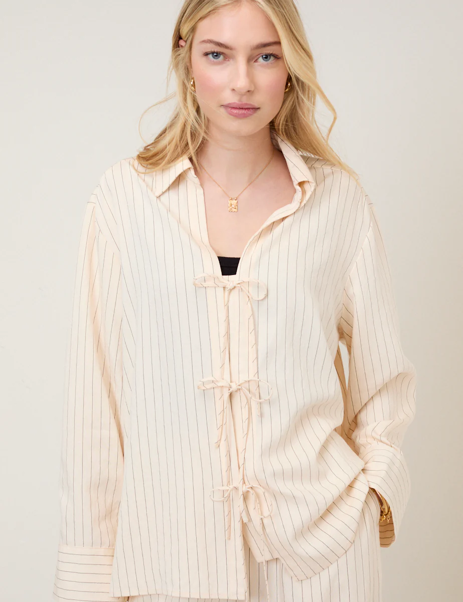 Cream Pinstripe Tie Front Shirt
