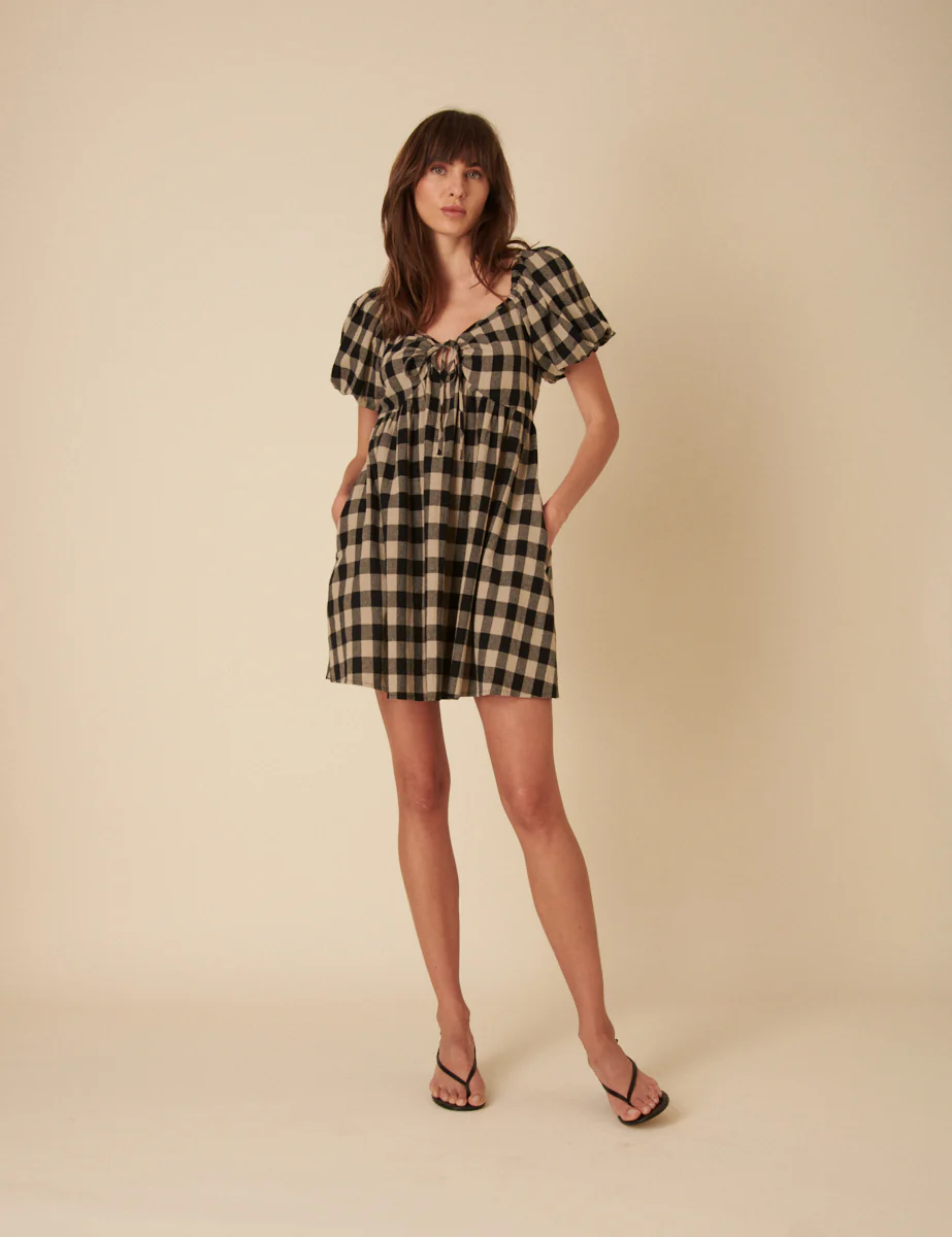 Black And Beige Check Puff Sleeve Mini Dress - Image 2