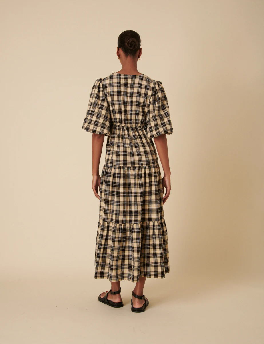Black And Beige Check Puff Sleeve Tiered Roselena Midi Dress - Image 4