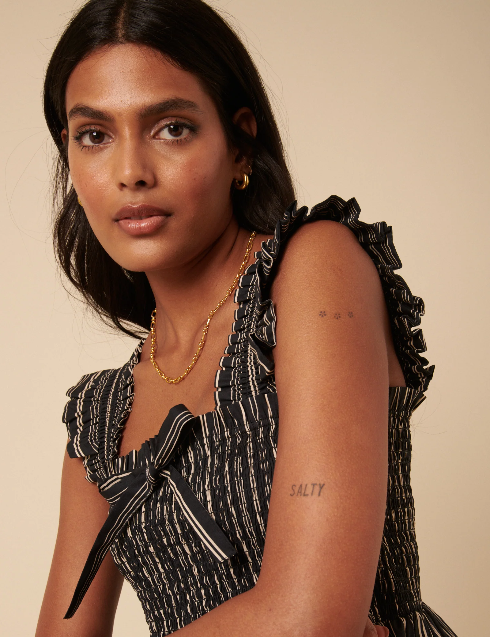 Black And White Pinstripe Shirred Top - Image 2