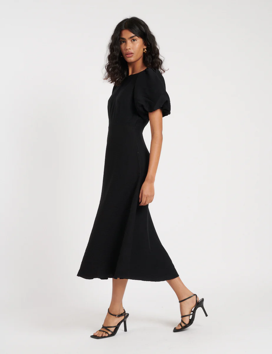 Black Puff Sleeve Zora Midi Dress - Image 3