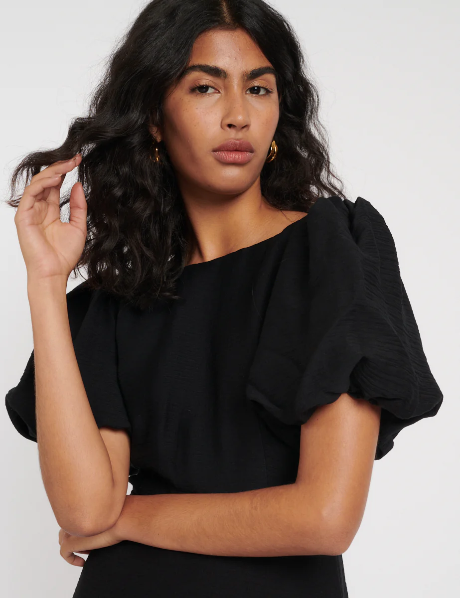 Black Puff Sleeve Zora Midi Dress - Image 4
