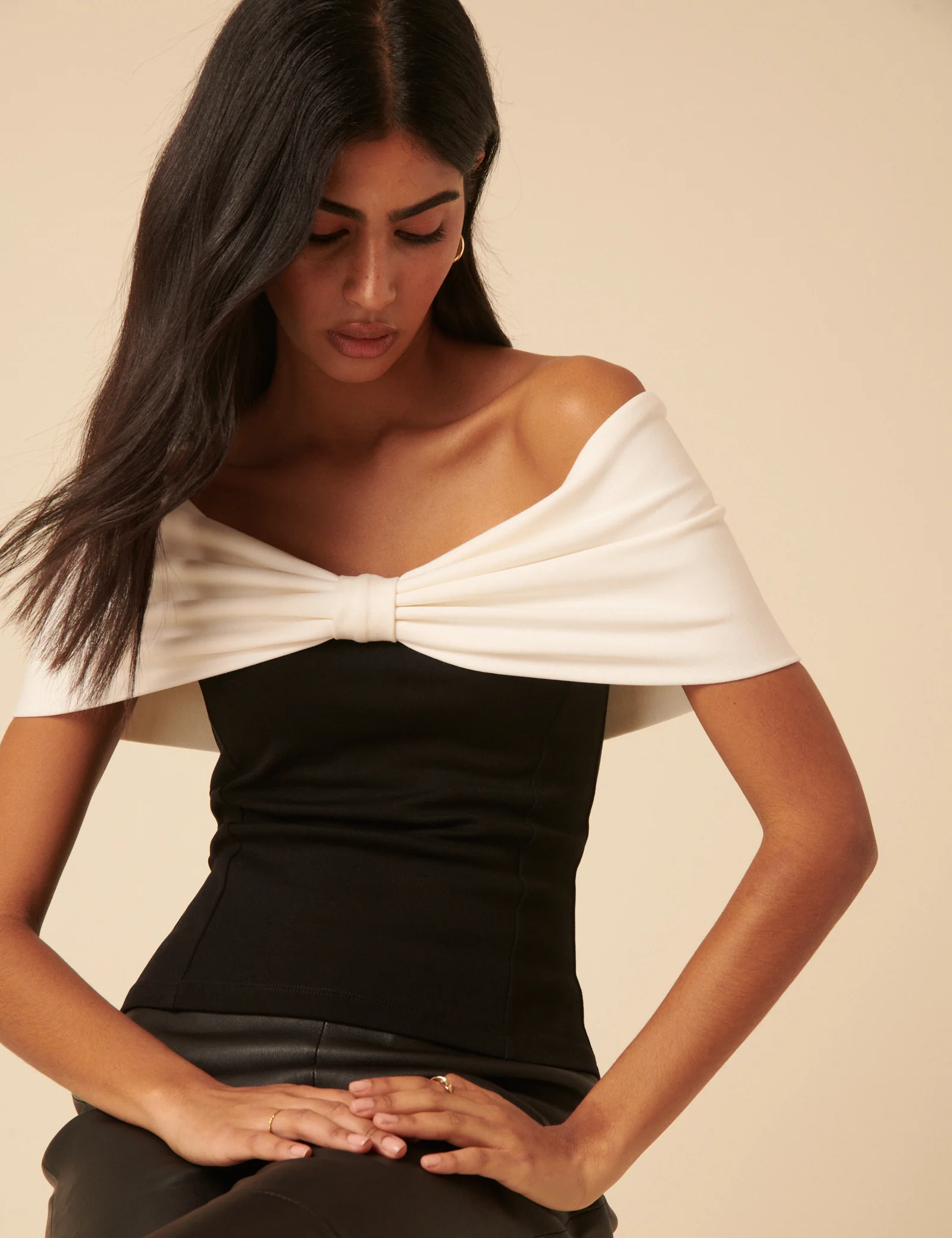 Black Bow Off Shoulder Contrast Top - Image 4