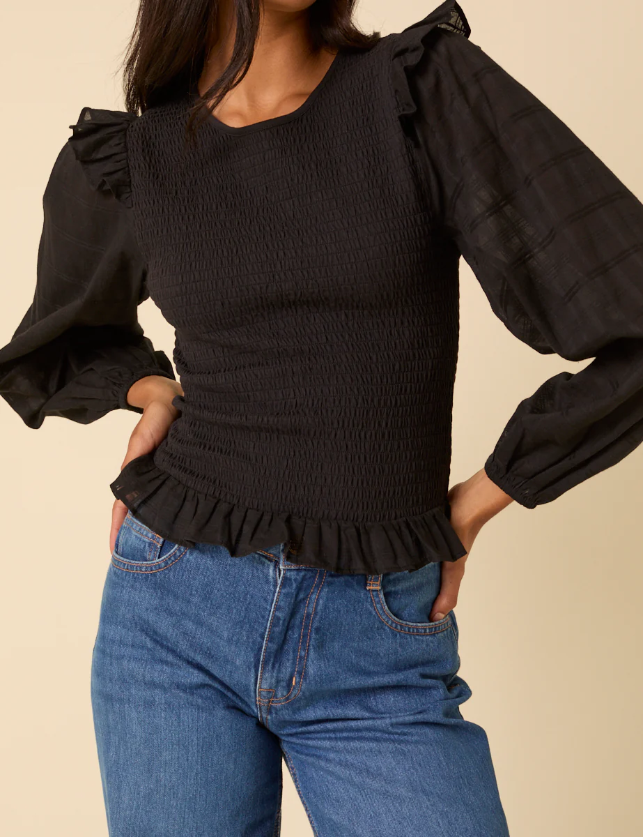 Black Balloon Sleeve Frill Top - Image 3