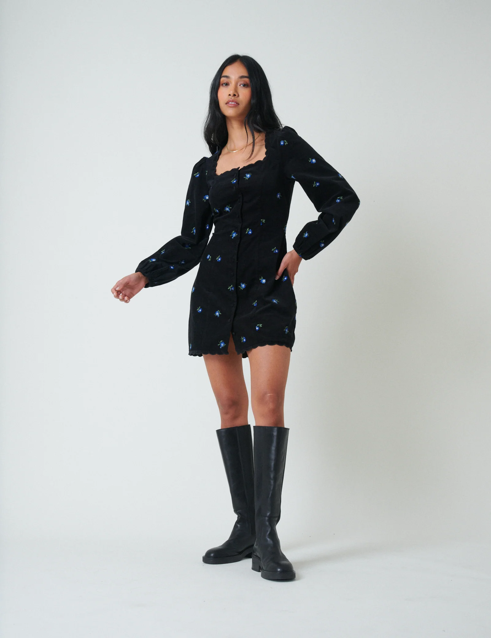 Black Cord Floral Embroidered Memphis Mini Dress - Image 3