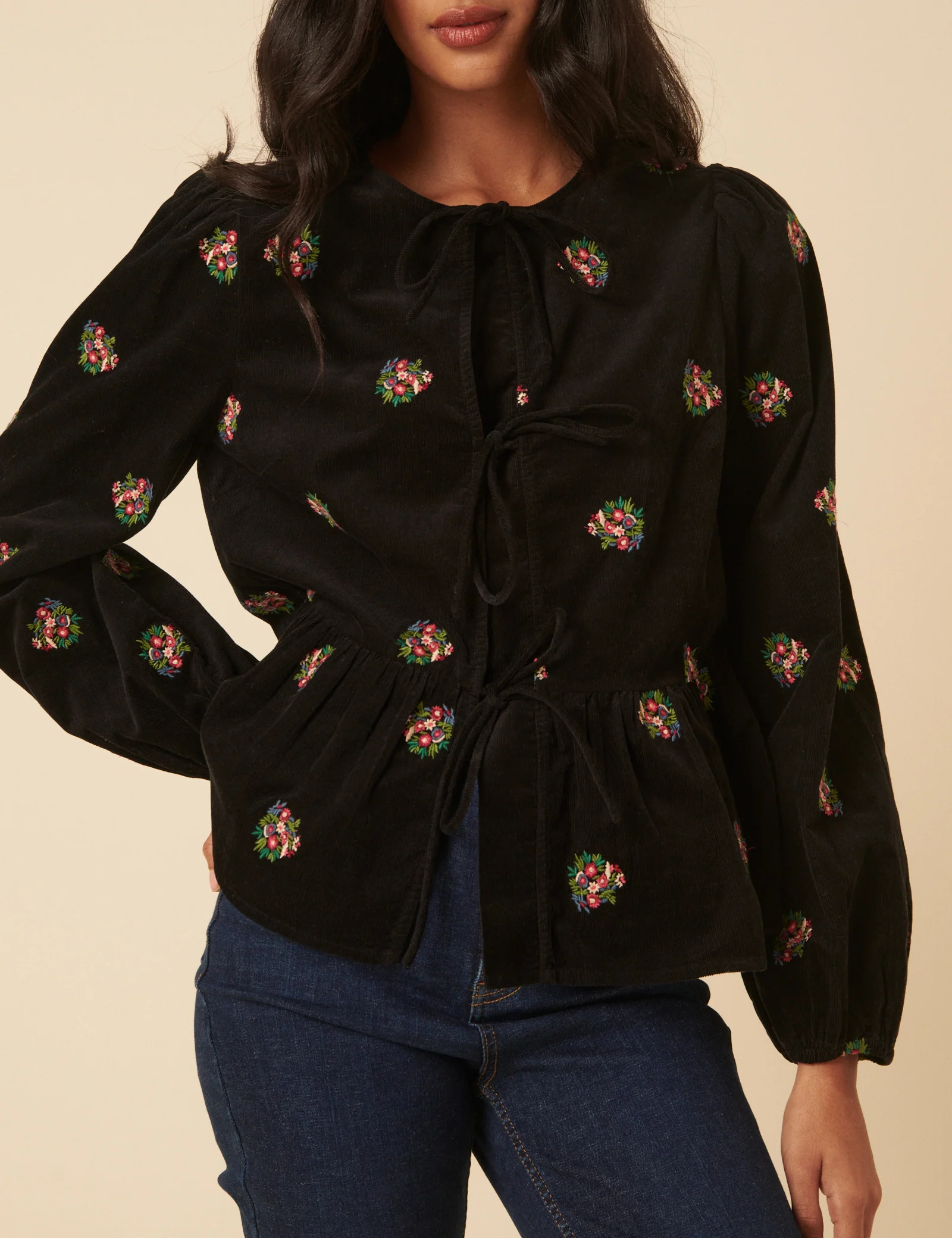 Black Cord Floral Embroidered Tie Front Blouse - Image 4