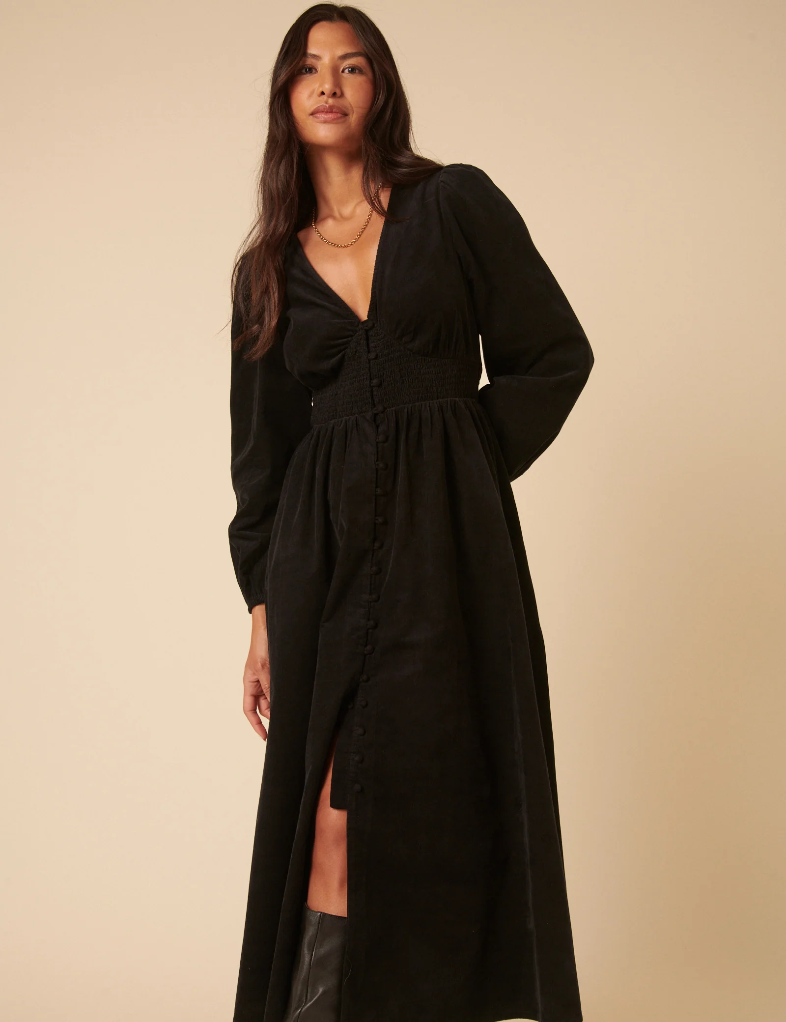 Black Cord Long Sleeve Riley Midi Dress - Image 2