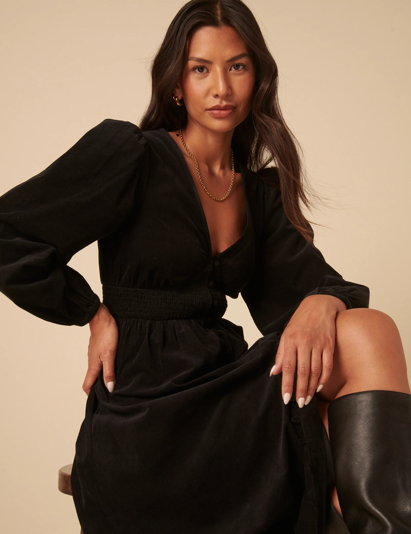 Black Cord Long Sleeve Riley Midi Dress - Image 3
