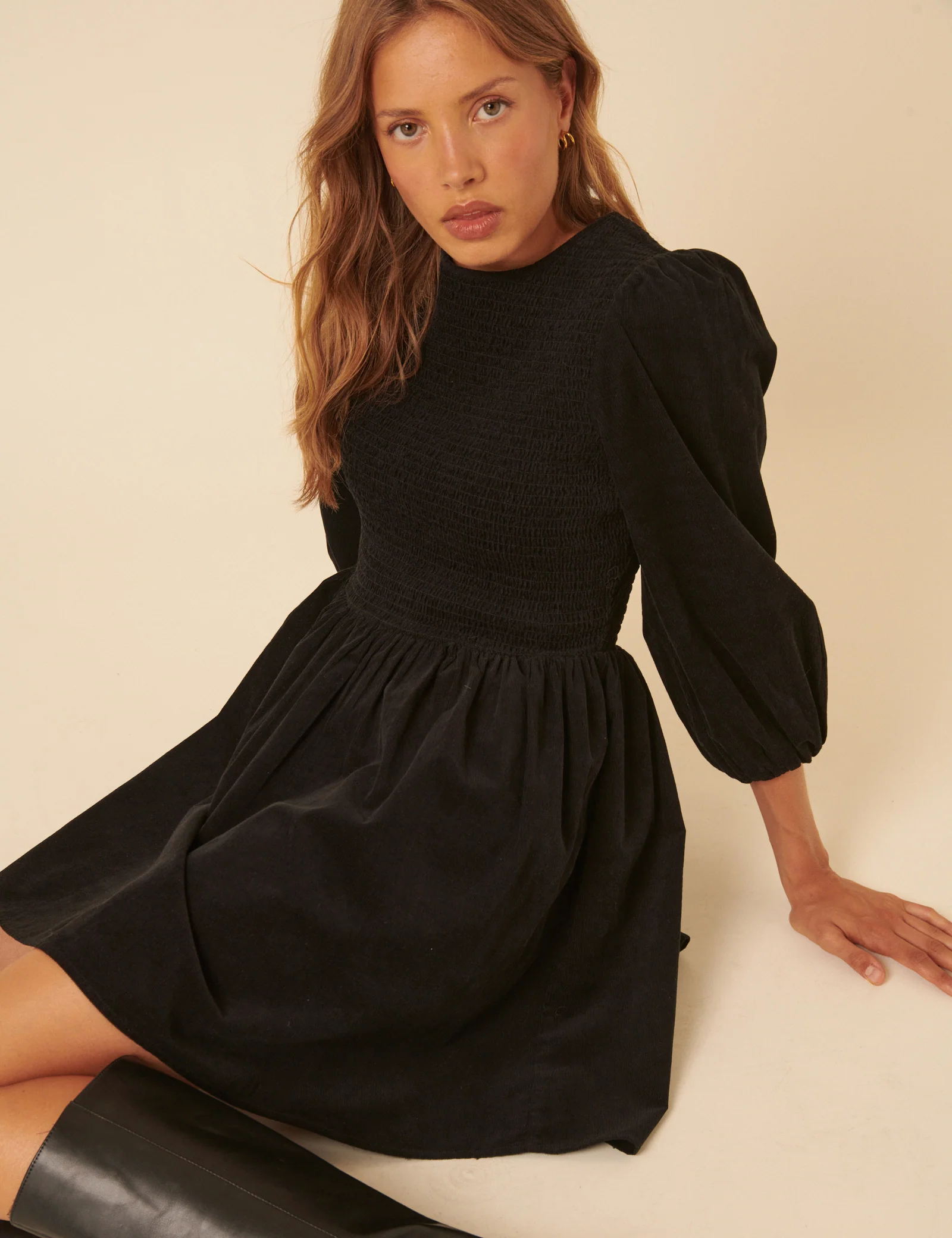 Black Cord Long Sleeve Shirred Bambi Mini Dress - Image 2