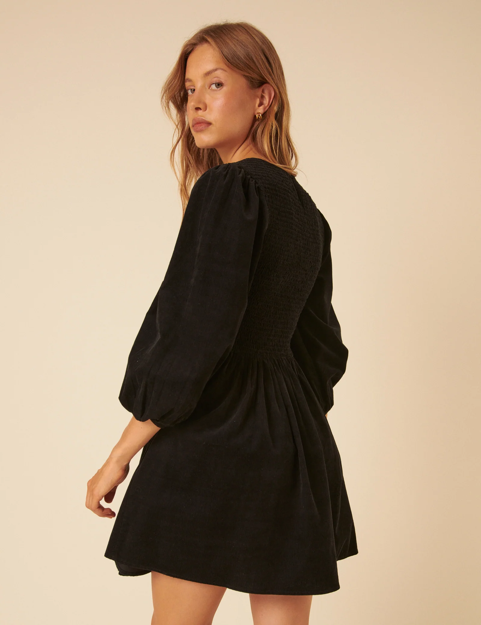 Black Cord Long Sleeve Shirred Bambi Mini Dress - Image 4