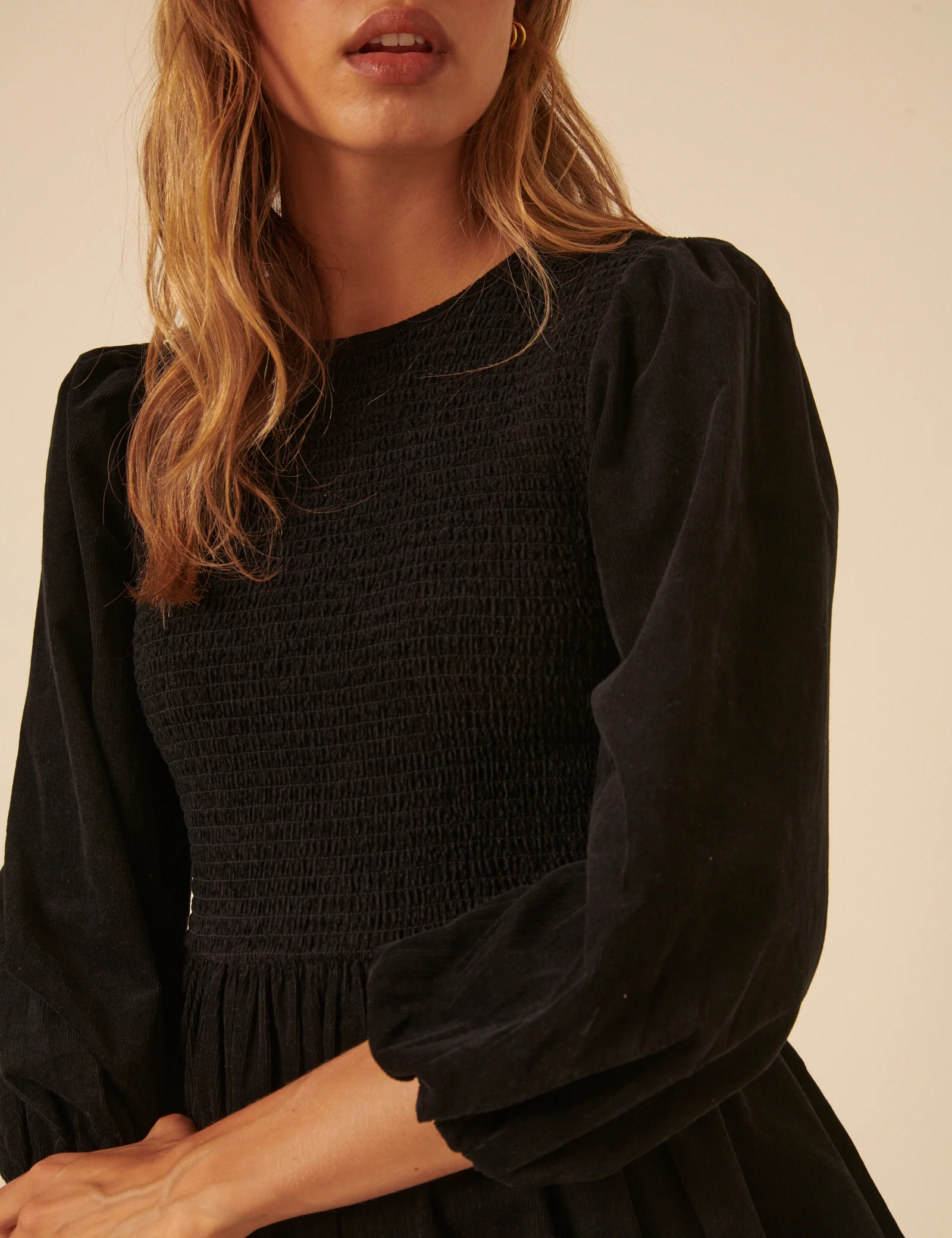 Black Cord Long Sleeve Shirred Bambi Mini Dress - Image 5