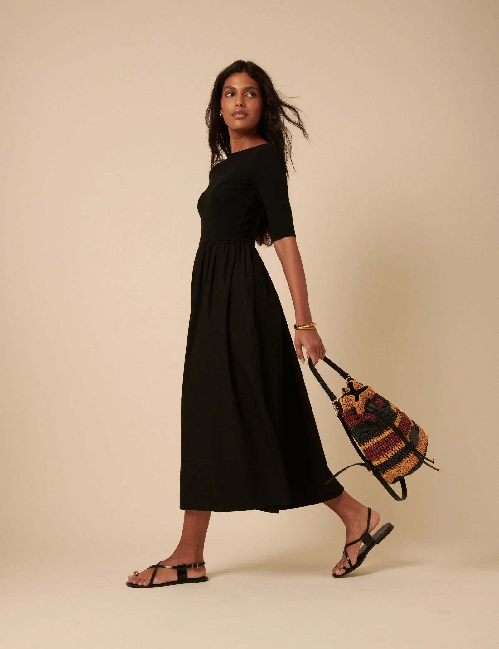 Black Cropped Sleeve A-Line Penni Midi Dress - Image 4