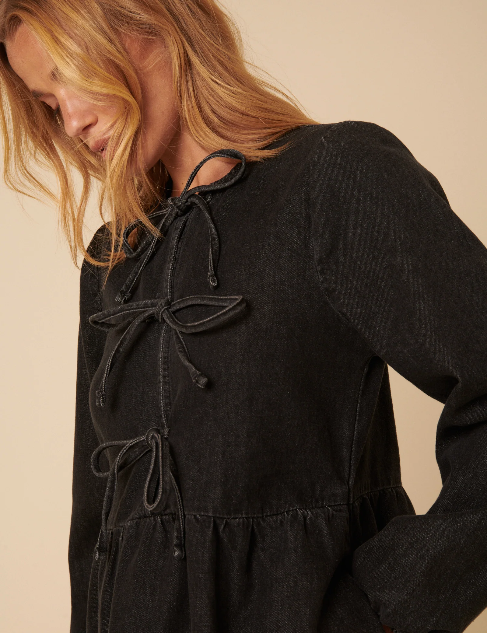 Black Denim Tie Front Eden Mini Dress - Image 2