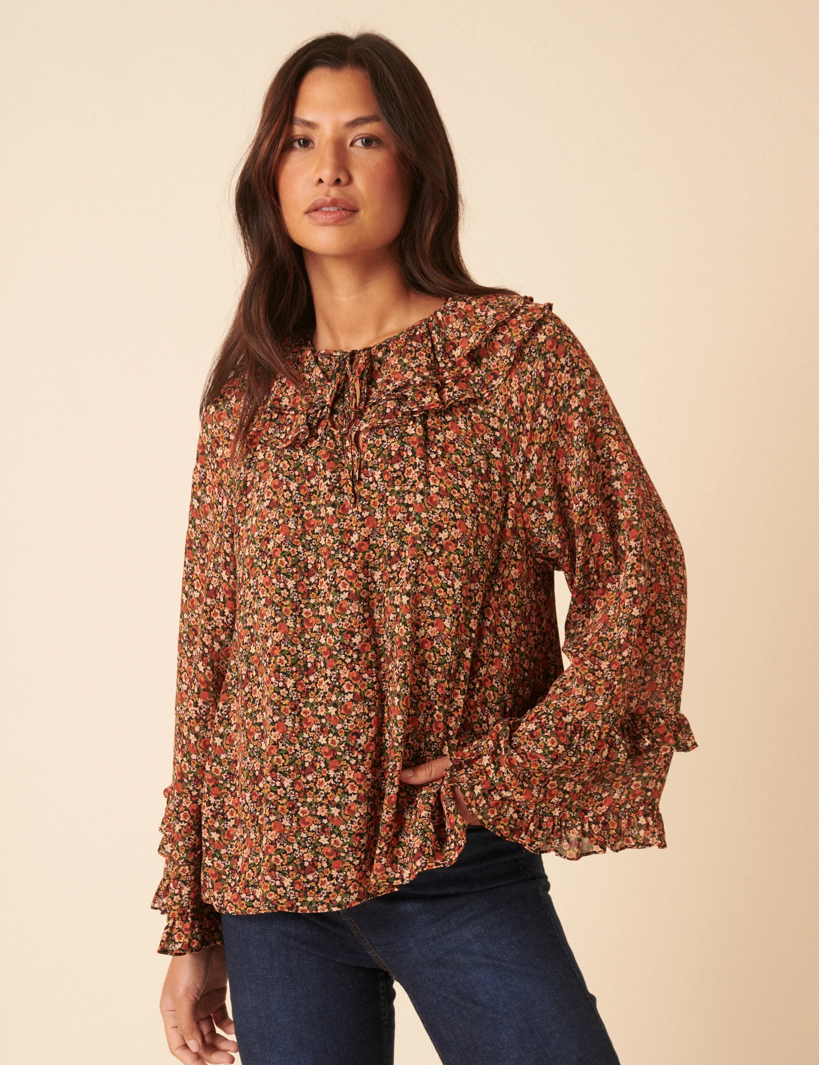 Black Ditsy Floral Flared Sleeve Blouse - Image 3