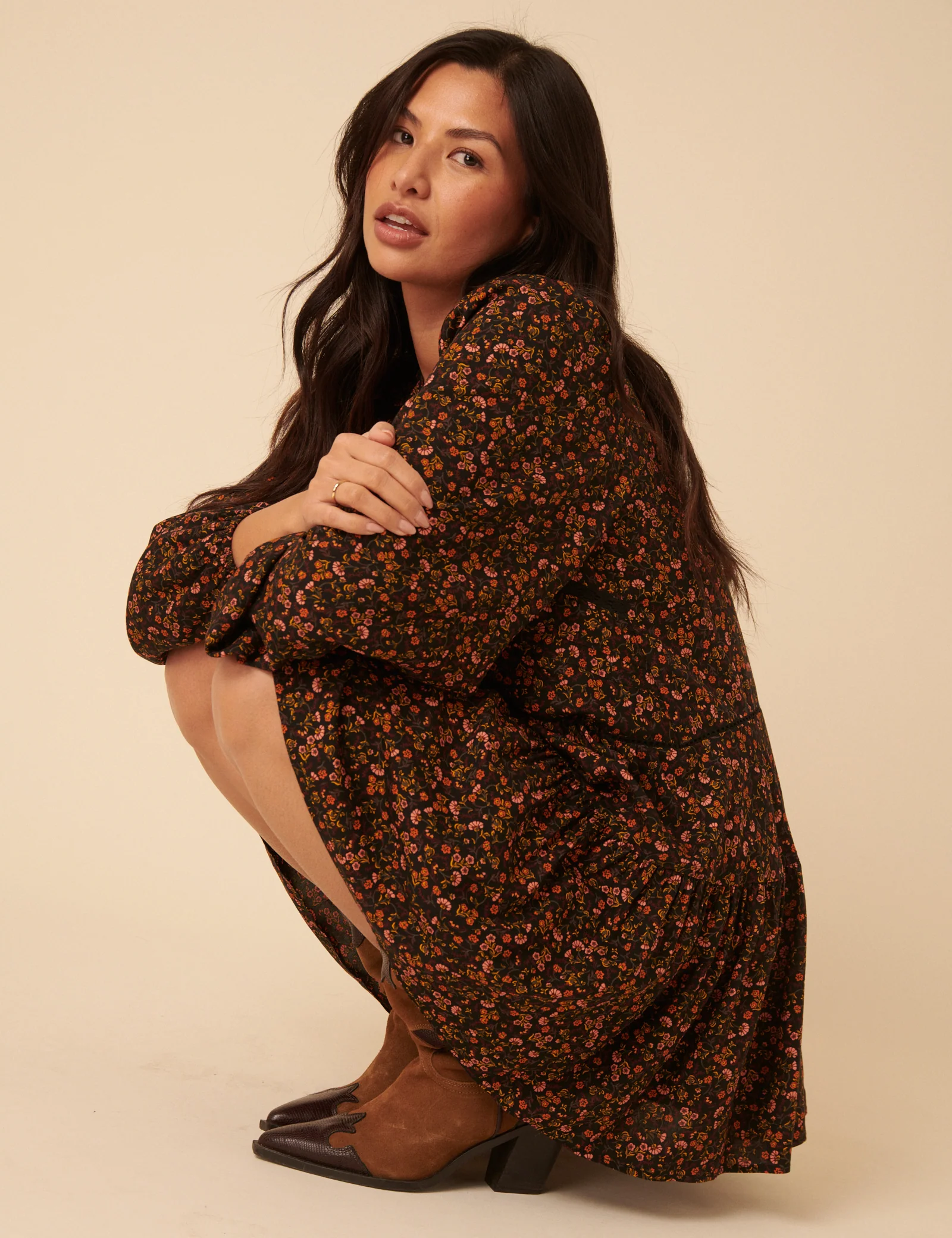 Black Ditsy Floral Long Sleeve Marley Mini Dress - Image 2