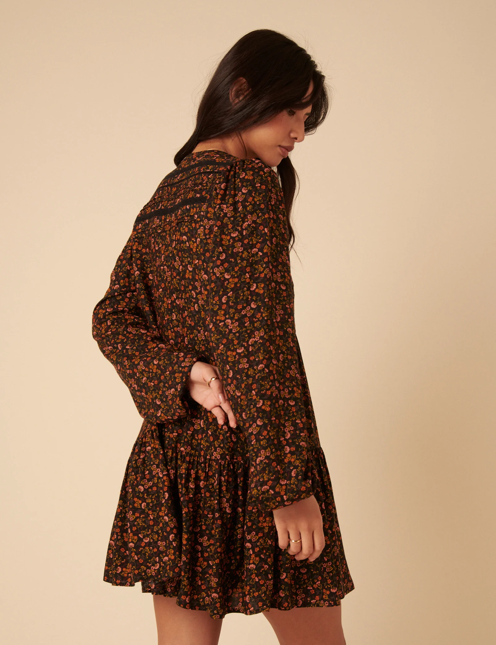 Black Ditsy Floral Long Sleeve Marley Mini Dress - Image 5