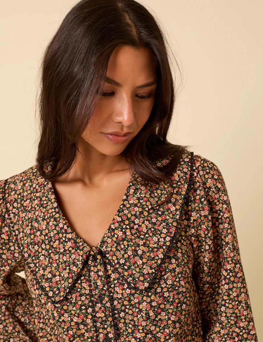 Black Ditsy Floral Peter Pan Collar Blouse - Image 3